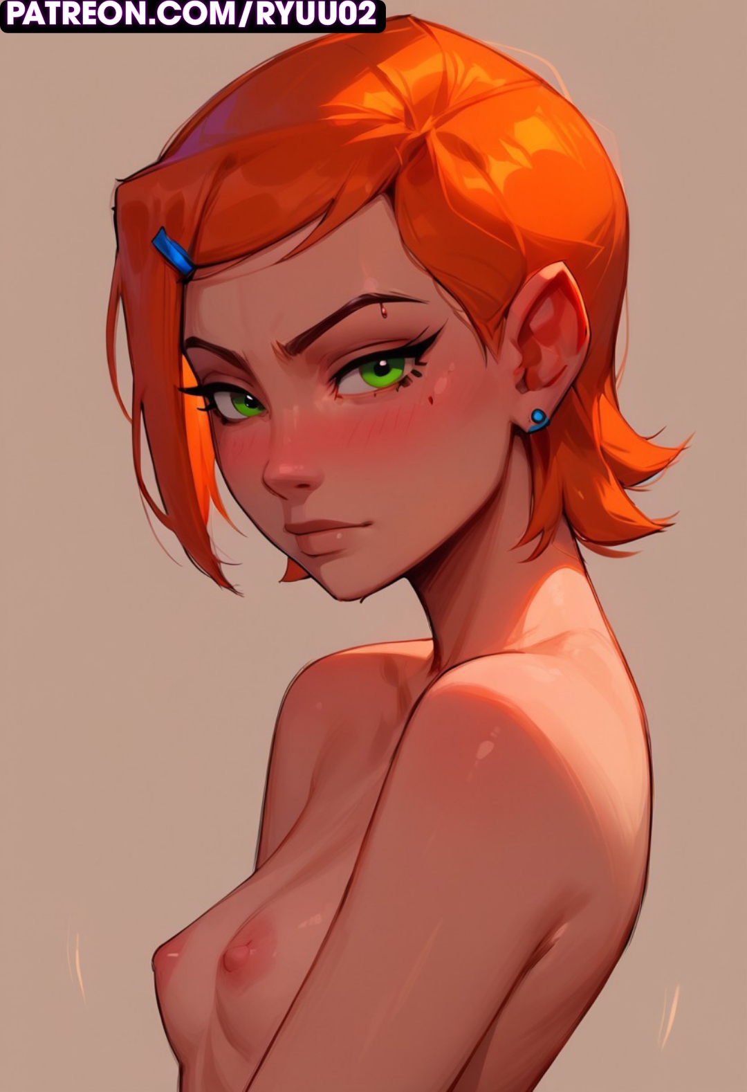 ai generated, ass, ben 10, big ass, blush, breasts, female, gwen tennyson, gwen tennyson (classic), looking at viewer, naked female, orange hair, ryuuziken01, short hair, shoulders forward, shy, sitting on bed, small breasts, warm colors