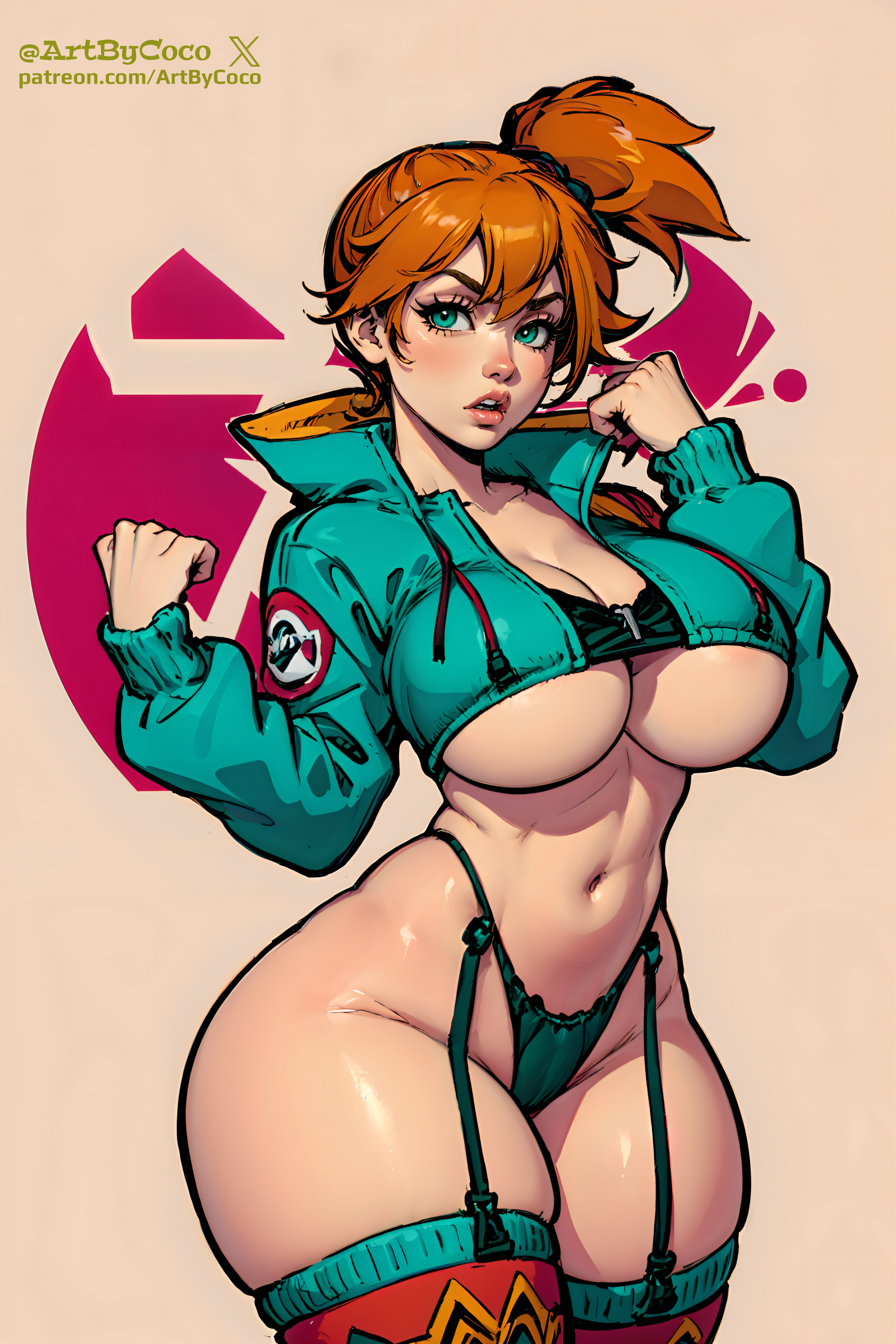 ai generated, alternative bust size, artbycoco, asymmetrical hair, bare shoulders, blue eyes, blush, bra, breasts, clothing, female, female only, game freak, gen 1 pokemon, green eyes, gym leader, hair tie, high resolution, hips, huge breasts, kasumi (pokemon), large breasts, legs, lingerie, looking at viewer, nintendo, nipples, orange hair, pantsu, pokemon, pokemon (anime), pokemon (classic anime), pokemon (game), pokemon rgby, ponytail, shiny, shiny skin, short hair, side ponytail, simple background, thick thighs, thighs, thong, tied hair, underwear