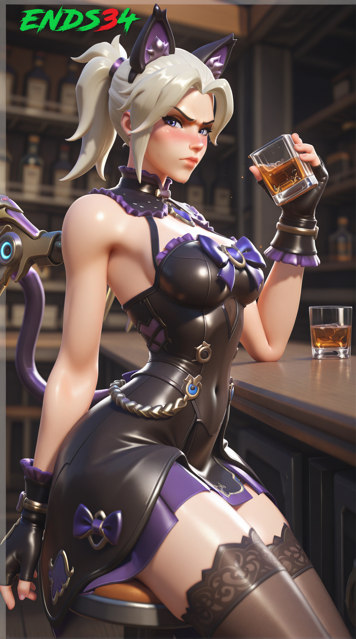 ai generated, angry, black cat mercy, blonde hair, breasts, cat ears, ends34, female, female only, medium breasts, mercy, milf, overwatch, overwatch 2, stockings