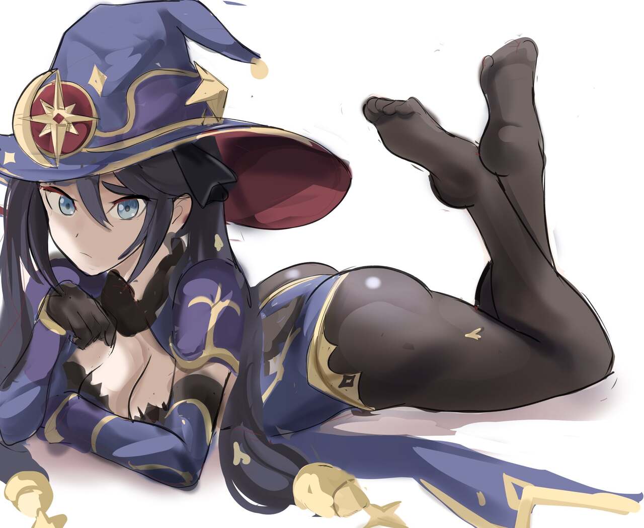 1girls, ass, big ass, blue eyes, breasts, cleavage, female, genshin impact, laying on stomach, looking at viewer, mona (genshin impact), pantyhose, rakeemspoon, solo, solo female, solo focus, witch hat