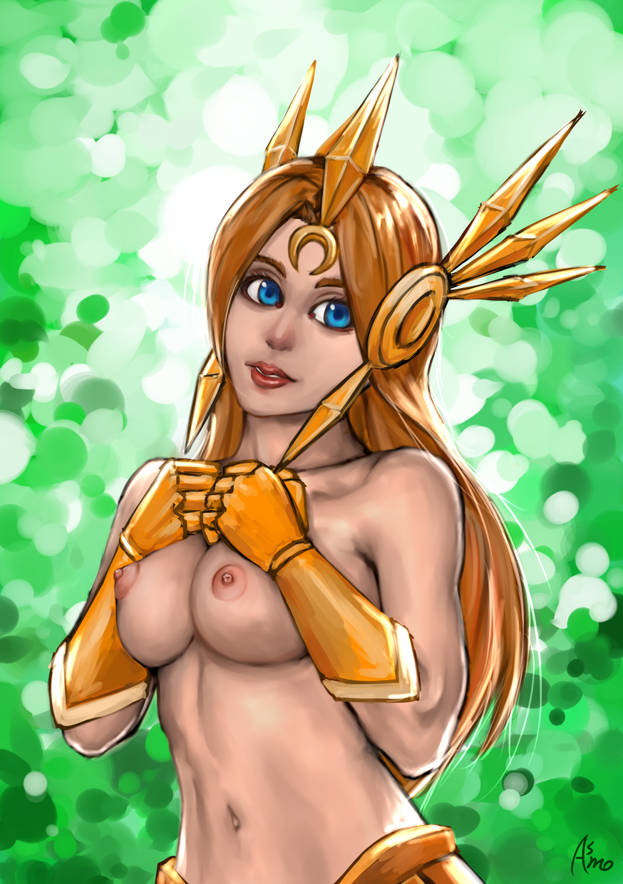 1girls areola asmo blue_eyes breasts brown_hair busty cleavage league_of_legends leona_(league_of_legends) nipples tagme voluptuous