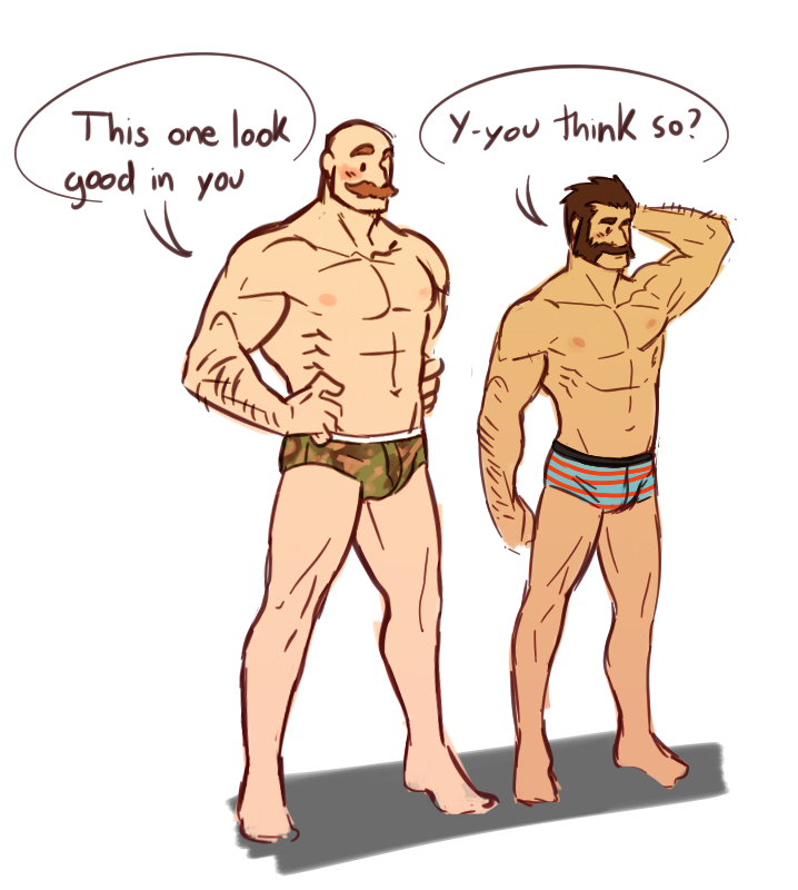 2boys bald bara beard braum briefs briefs_only bulge chesschirebacon duo duo_focus facial_hair league_of_legends malcolm_graves male_only moustache muscular muscular_male standing text text_bubble underwear underwear_only white_background