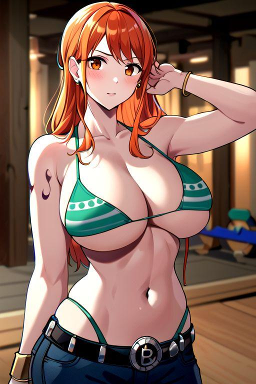 ai generated, anime, artist request, big breasts, bikini top, breasts, female, female only, nami (one piece), one piece, orange hair, post-timeskip