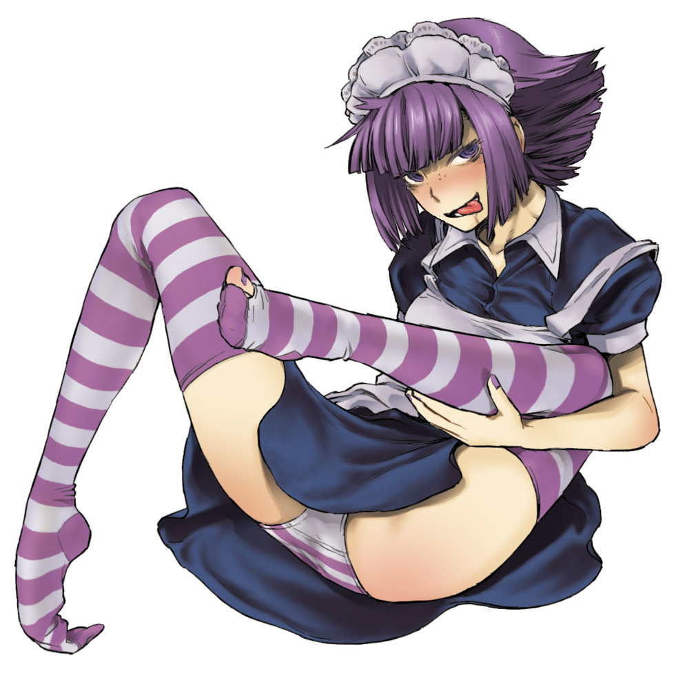 1girls 2chan bangs clothed clothing feet female female_only fully_clothed futaba_channel human light-skinned_female light_skin maid maid_uniform nijiura_maids purple_clothing purple_hair ripped_pantyhose short_hair solo striped_legwear striped_panties tongue tongue_out torn_stockings wamusato_haru yakui