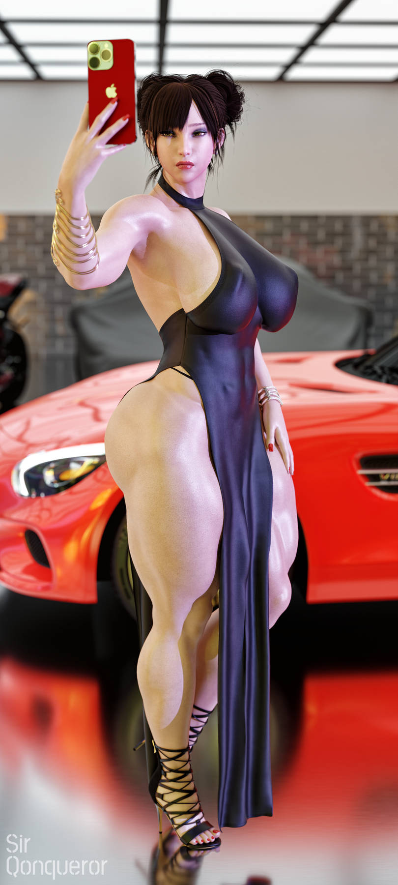 1girls, 3d, 3d (artwork), abs, asian, asian female, ass, big ass, big breasts, breasts, capcom, chun-li, dress, female, female only, fully clothed, hair bun, hair buns, looking at viewer, pose, sir qonqueror, solo, street fighter, street fighter v, thick thighs, thong, thunder thighs, wide hips
