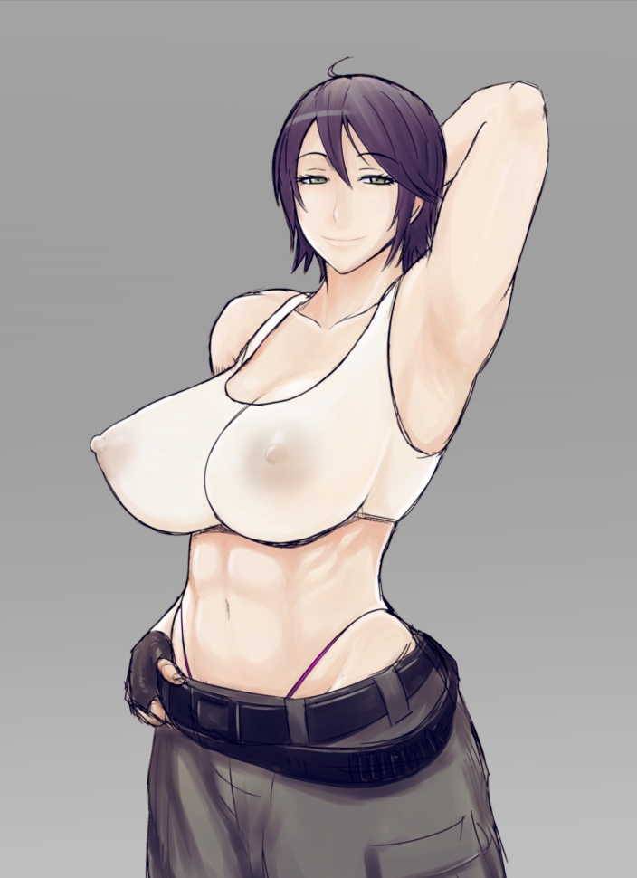 abs armpits belt breasts chequita commentary_request female fingerless_gloves gloves isami_jun jormungand large_breasts midriff see-through short_hair solo tank_top