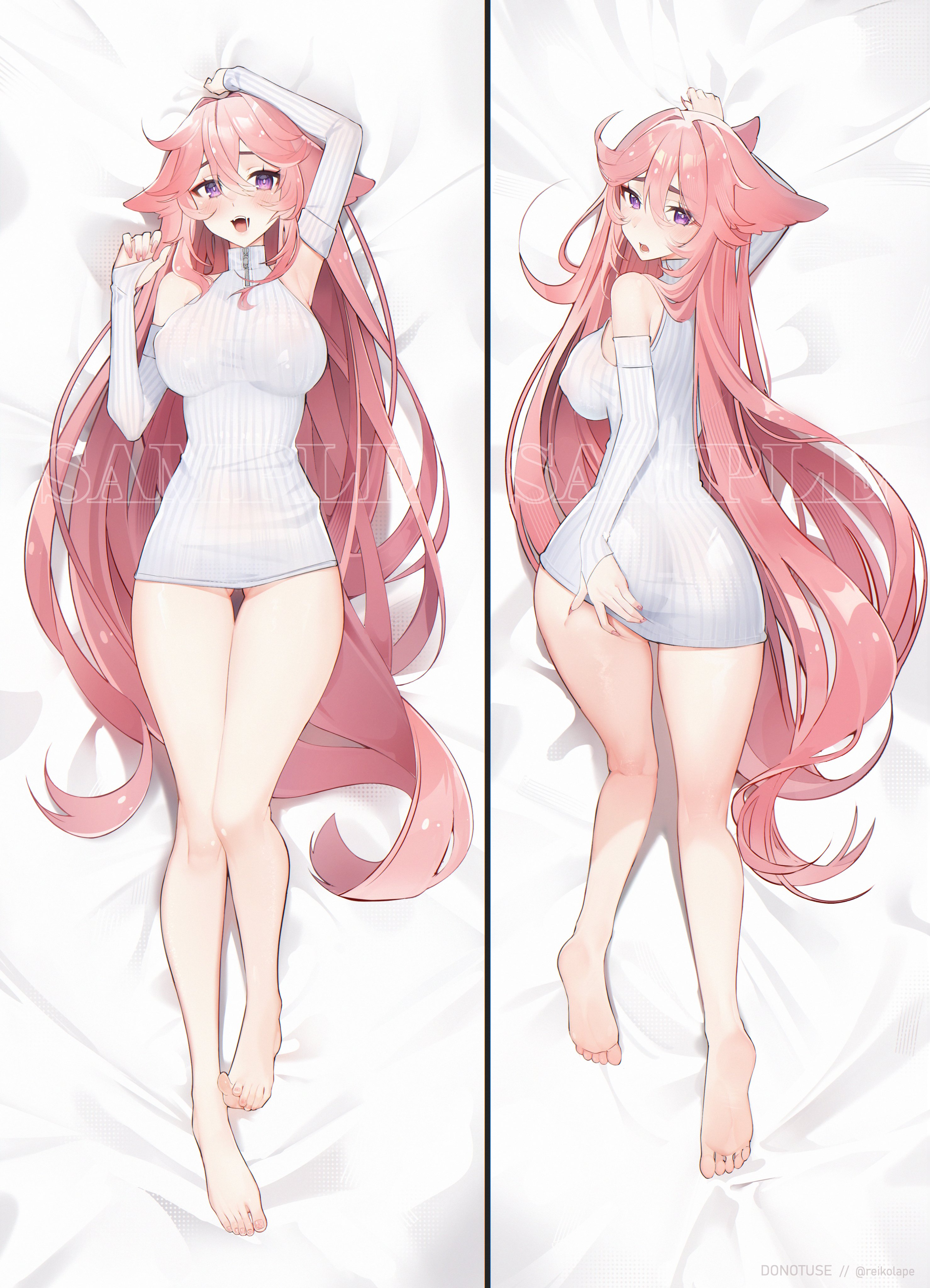 1girls, animal ears, bed, bed sheet, big breasts, blush, breasts, covered nipples, dakimakura, detached sleeves, feet, female, fox ears, full body, genshin impact, human, light skin, light-skinned female, long hair, looking at viewer, lying, multiple views, on back, on bed, pink hair, purple eyes, reikolape, smile, solo female, sweater, thighs, very long hair, yae miko, zipper