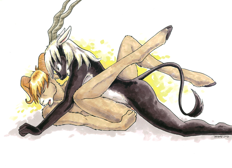 2boys anal anthro ayame_emaya blond_hair cody_(ayame_emaya) duo furry gay gay_sex hoove horns interspecies male male/male missionary missionary_position missionary_sex penis_in_ass ram ram_horns sex sheep species_request tail white_hair yaoi