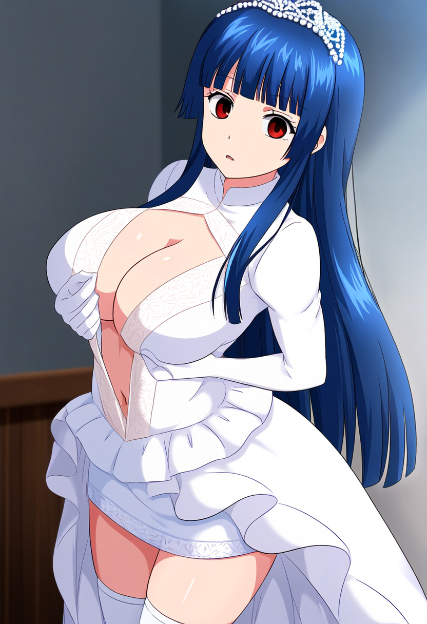 ai_generated big_breasts blue_hair breast_hold bride cleavage empty_eyes female female_only gintama hime_cut imai_nobume long_hair looking_at_viewer miniskirt no_bra red_eyes solo thighhighs tiara wedding_dress white_legwear white_thighhighs zettai_ryouiki