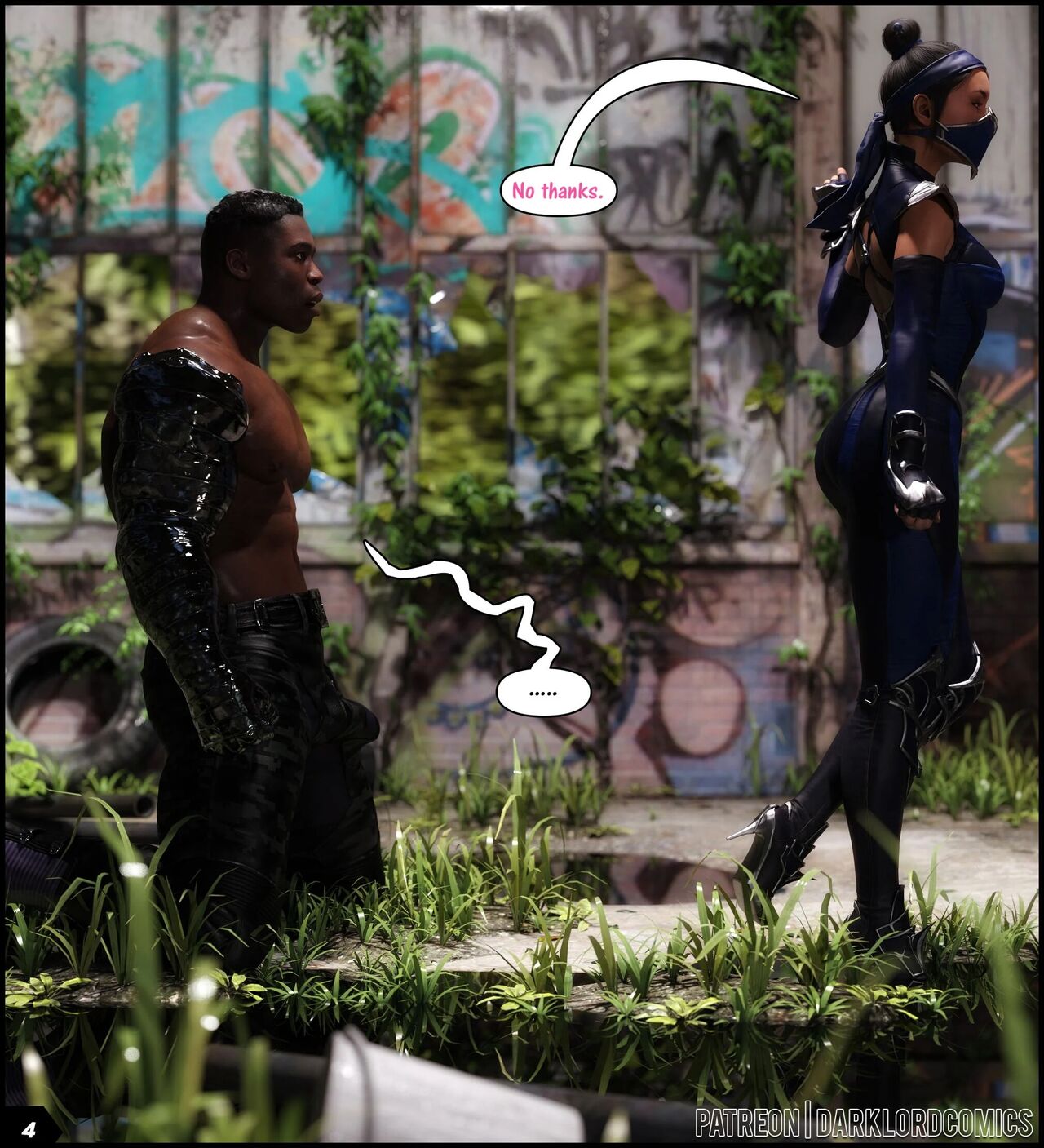 1boy1girl 3d asian asian_female ass background bandana bare_back belt bulge bulge_through_clothing camouflage camouflage_pants comic comic_page confused dark-skinned_male darklord dialogue edenian elbow_gloves gloves graffiti grass hair_bun heels jax_briggs kitana kitana_(mk11) looking_at_another masked masked_female metal_arm mortal_kombat mortal_kombat_11 on_knees princess robotic_arm royalty tied_hair tight_clothing