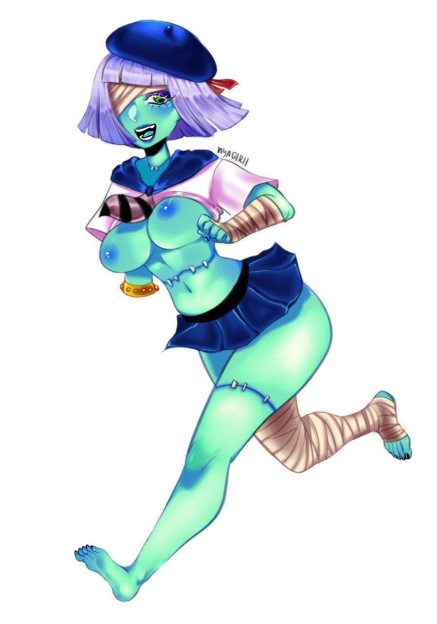 1female armless artist_signature barefoot black_nails brawl_stars breasts_out looking_at_viewer medium_breasts miniskirt nail_polish no_background nyagirii penny_(brawl_stars) raccoon_tail running school_uniform shirt_lift toenail_polish trash_panda_penny watermark white_background zombie_girl