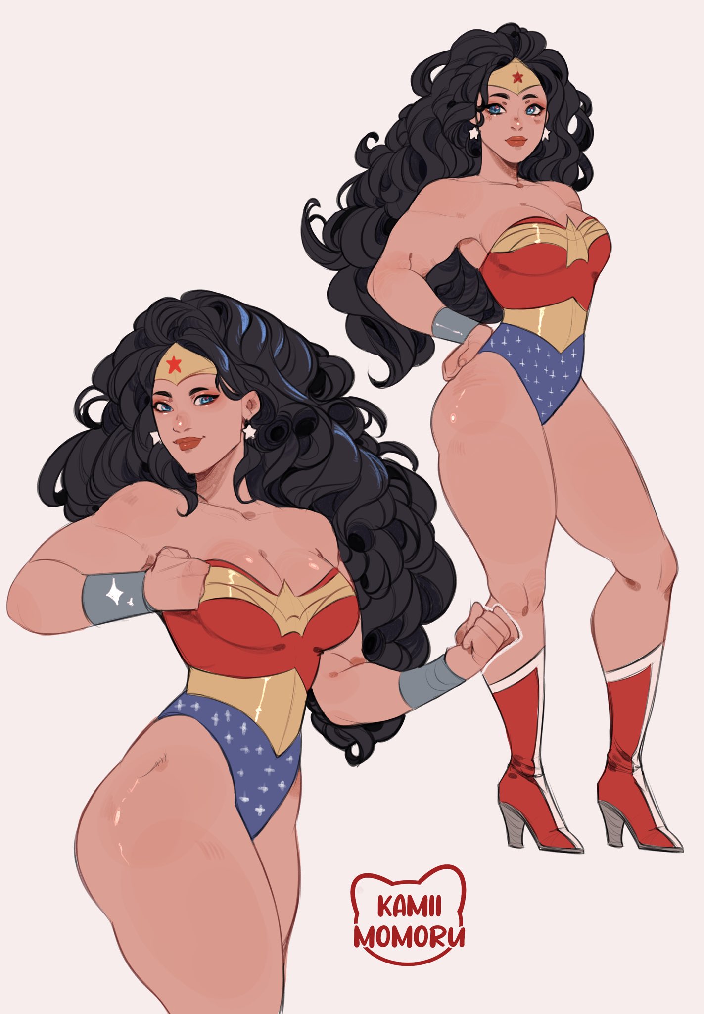 1girls, amazon, artist logo, artist name, black hair, blue eyes, dc, dc comics, female, female only, fit, fit female, heel boots, hi res, kamii momoru, leotard, long hair, looking at viewer, smiling, smiling at viewer, solo, thick thighs, toned, toned female, white background, wonder woman, wonder woman (series)