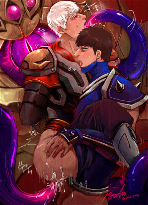 2boys armor league_of_legends riot_games shen tagme tentacle tentacle_on_male vel'koz yaoi zed