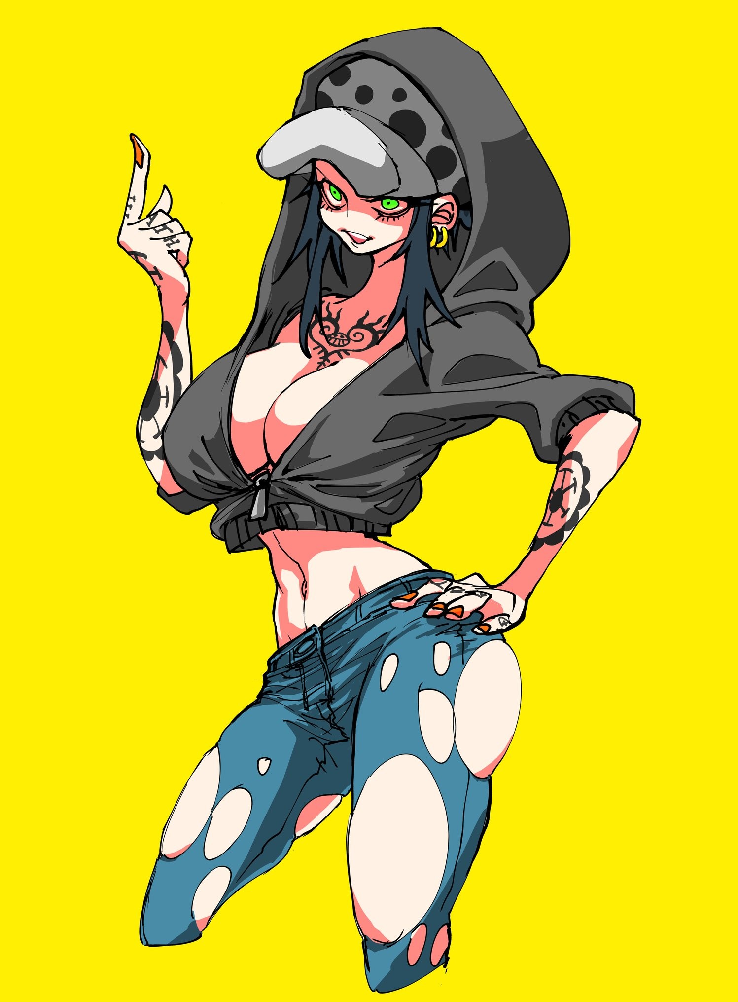 1girls, belly button, big breasts, black hair, breasts, canon genderswap, chest tattoo, cleavage, color, cropped hoodie, earrings, female, female only, front view, fur hat, genderswap, genderswap (mtf), gomikusohanage, green eyes, hand on hip, hat, headwear, hips, hoodie, jeans, large breasts, navel, no bra, one piece, orange nails, plain background, pose, posing, ripped pants, rule 63, short hair, short hair with long locks, sidelocks, smile, solo, stomach, tattoo, tattoos, thick thighs, thighs, tomboy, torn clothes, torn pants, trafalgar law, trafalgar law (female), wide hips, yellow background