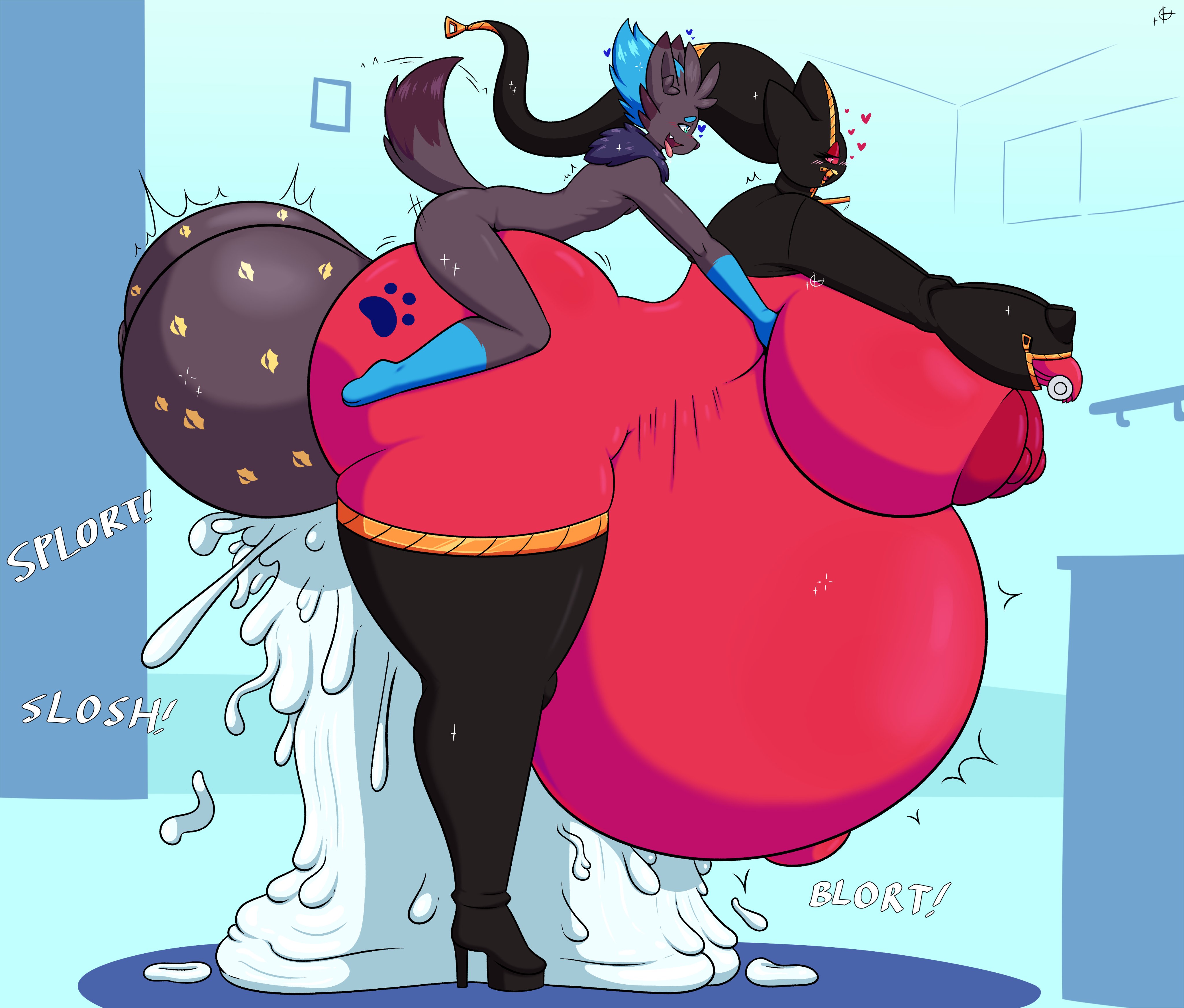 ass, balls, banette, big ass, big breasts, breasts, bubble ass, bubble butt, cum, cum inflation, cumflation, excessive cum, female, furry, huge ass, hyper, hyper ass, hyper balls, hyper butt, hyper penis, inflation, lipstick, lipstick mark, lipstick on balls, male, mega banette, penis, pokemon, pokemon (species), shinyillusionz, small but hung, thick thighs, wide hips, zeke the zorua, zorua