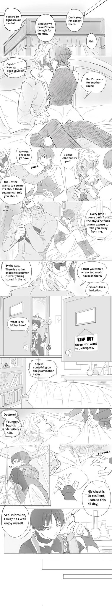:0, 2boys, breast squeeze, breasts, clone, dottore (genshin impact), erect penis, erection, gay, genshin impact, horny, male, male only, penis, scaramouche (genshin impact), sleeping, tagme, yaoi