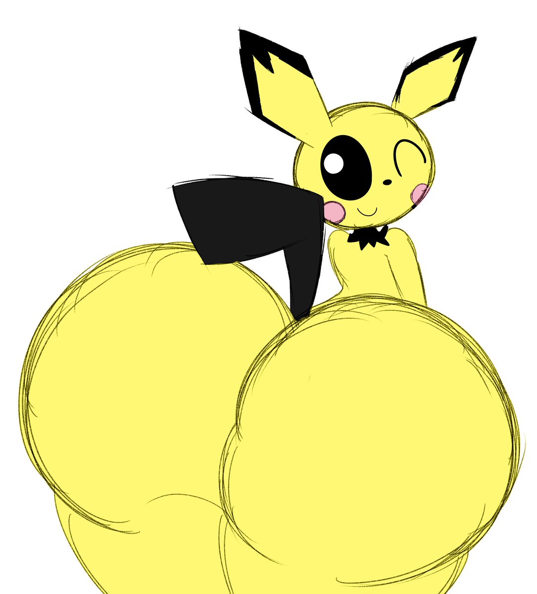 ass big_ass big_butt black_eyes bubble_ass bubble_butt fur giant_ass huge_ass long_ears looking_at_viewer no_humans pichu pink_cheeks pokemon pokemon_(species) presenting_hindquarters smile thick_ass thick_thighs white_background white_pupils winking_at_viewer yellow_body yellow_fur