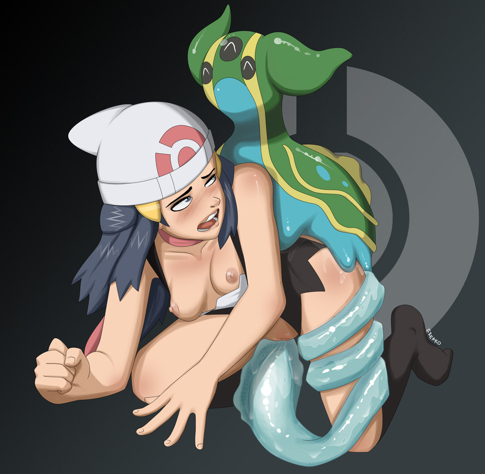 all fours, blue eyes, blue hair, breasts, dawn (pokemon), doggy style, east sea gastrodon, female, freako, gastrodon, human, male pokemon/female human, nintendo, nipples, pokemon, pokephilia, rape, sex, slime monster, slug