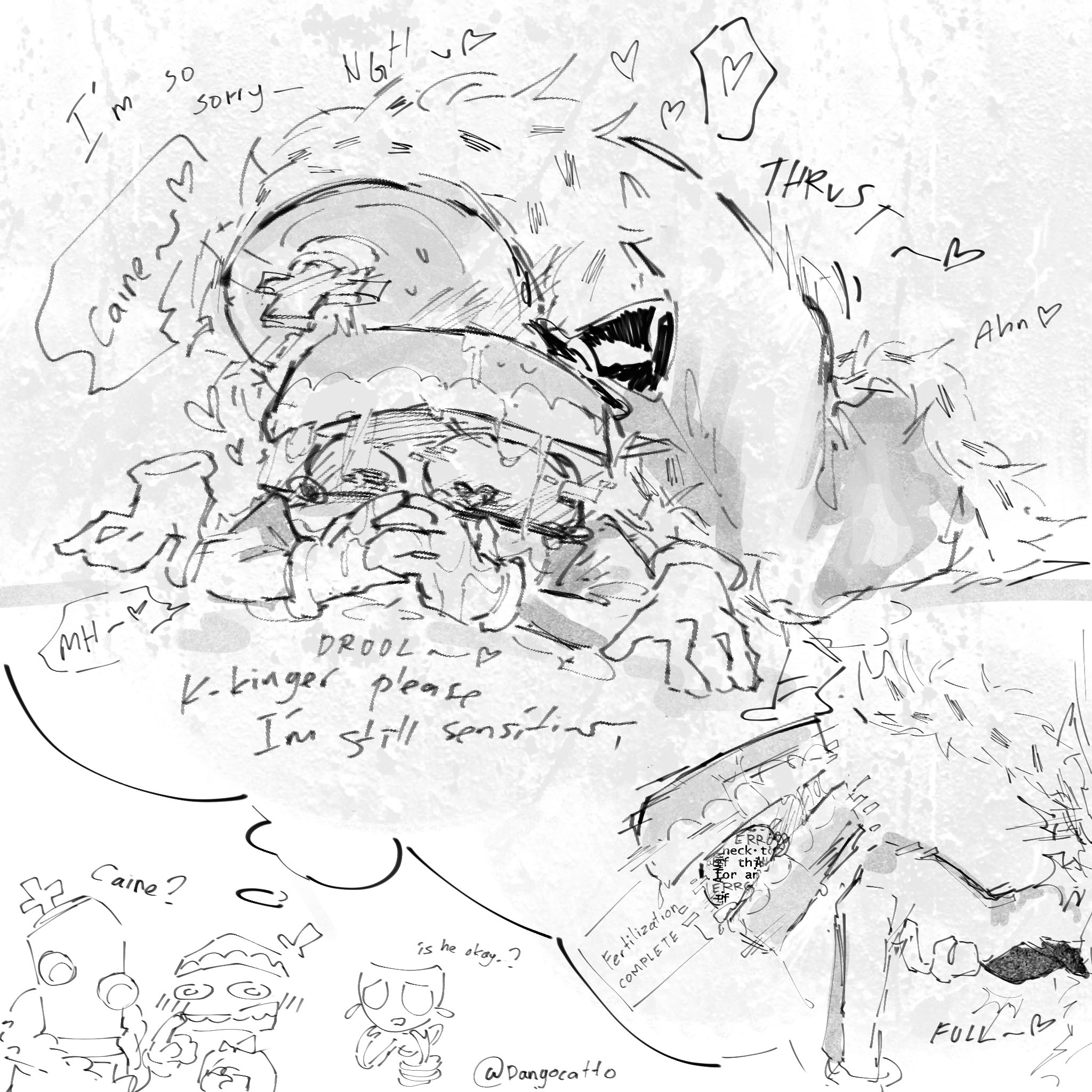breeding, caine (the amazing digital circus), cum inside, drooling, english text, excessive saliva, fertilization, full of cum, gangle (the amazing digital circus), heart-shaped pupils, imagining, kinger (the amazing digital circus), male/male, saliva, the amazing digital circus