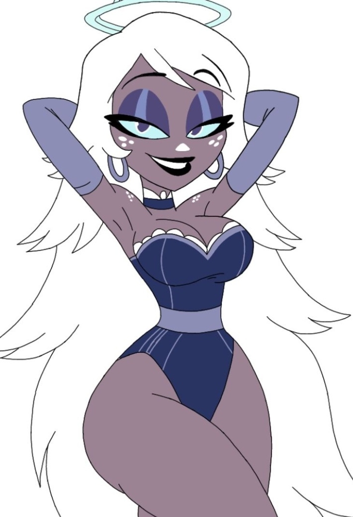 1girls, 2026, 2d, a24, accurate art style, amazon prime, angel, angel girl, angel halo, armpit, armpits, arms behind head, arms up, armwear, big breasts, big thighs, black lips, black lipstick, blue eyes, blue leotard, blue lingerie, cleavage, curvy, cyan eyes, cyan sclera, danielgauna, dark skin, deviantart link, digital drawing (artwork), digital media (artwork), elbow gloves, emily (hazbin hotel), eyeshadow, female, gloves, halo, hands behind head, hazbin hotel, hazbin hotel (season 2), hourglass figure, ibispaint (artwork), ibispaintx, lace-trimmed leotard, leotard, lingerie, naughty face, no ai, opera gloves, pinup, shaved armpit, solo, strapless, thick thighs, thighs, unknown artist, very long hair, western cartoon, white hair, wide hips