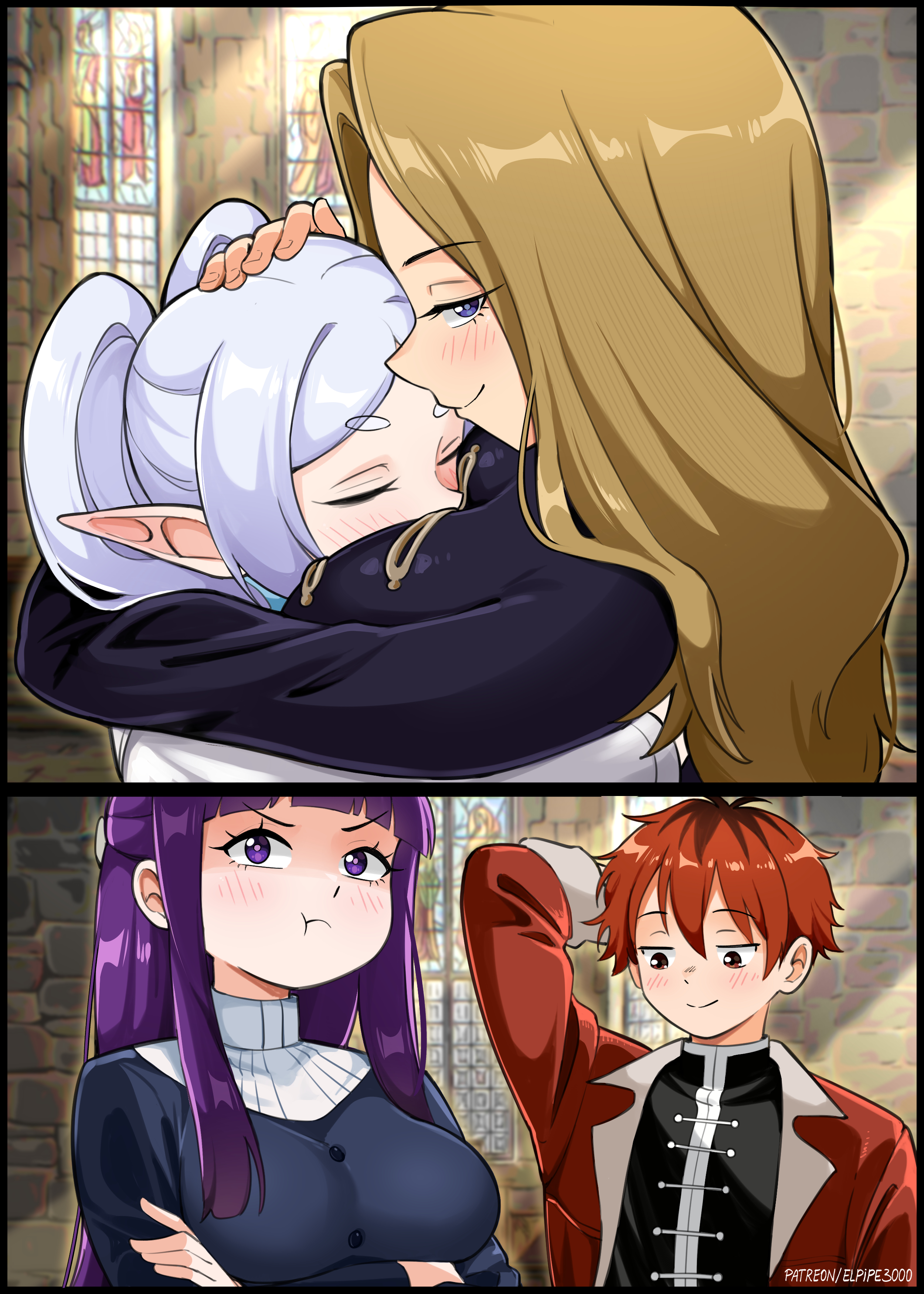 :t, 1boy, 2koma, 3girls, absurd res, absurd resolution, absurdres, alternate version available, angry, arm up, bangs, between breasts, big breasts, black dress, black shirt, blonde hair, blue eyes, blunt bangs, blush, blush lines, breasts, brown hair, busty, closed eyes, closed mouth, comic, couple, crossed arms, curvaceous, curvy, curvy female, curvy figure, dress, duo, duo focus, elf, elf ears, elf female, elpipe3000, embrace, embracing, embracing another, eyebrows, eyebrows hidden by hair, eyebrows visible through hair, eyelashes, eyes visible through hair, face between breasts, face in breasts, female, female focus, female/female, fern (sousou no frieren), frieren, frieren beyond journey's end, grey hair, hair between eyes, half updo, half-closed eyes, hand on head, head between breasts, head pat, headpat, hi res, high resolution, highres, hug, huge breasts, hugging, indoors, jacket, jealous, large breasts, light skin, light-skinned female, light-skinned male, long eyelashes, long hair, long sleeves, looking at another, looking at breasts, looking at viewer, looking down, mature, mature female, methode (sousou no frieren), milf, multiple girls, narrowed eyes, naughty face, open clothes, open jacket, parted bangs, pointy ears, pout, purple eyes, purple hair, red eyes, red hair, red jacket, robe, rubbing, rubbing head, shirt, short eyebrows, short hair, sidelocks, smile, smiling, smothering, smug, sousou no frieren, stark (sousou no frieren), straight, straight hair, stroking head, sunlight, tagme, thick eyebrows, thick thighs, thighs, twintails, upper body, very long hair, voluptuous, voluptuous female, white hair, wholesome, yuri
