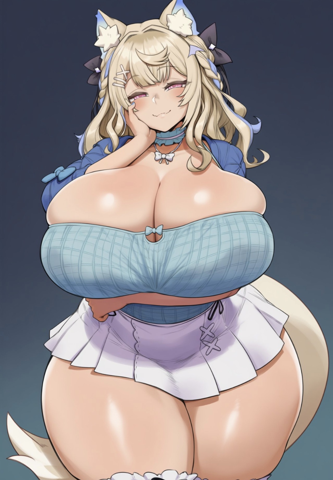 ai generated, ameanon, big breasts, blonde hair, dog ears, dog girl, dog tail, fuwawa abyssgard, hololive, hololive english, huge breasts, light-skinned female, looking at viewer, miniskirt, smile, smiling, tagme, thick thighs, virtual youtuber, wide hips