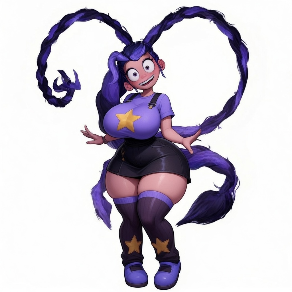 1girls, big breasts, blush, breasts, cute, embarrassed, female, female focus, female only, heart, heart symbol, legs, lily lovebraids, mob entertainment, poppy playtime, poppy playtime (chapter 5), prehensile hair, purple eyes, purple hair, smile, thighs