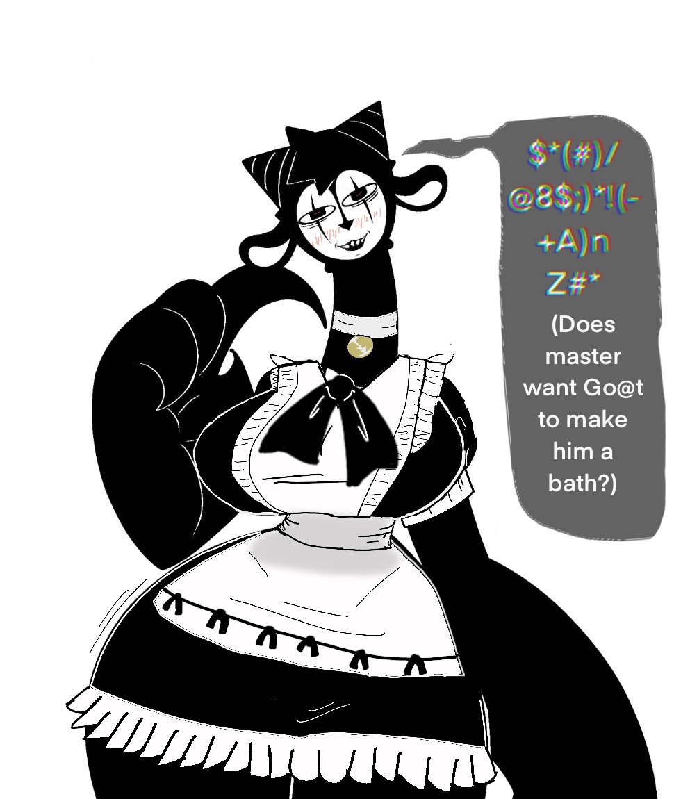 black body, blush lines, blushing, edited by uploader, goat (candiedlooney), maid, maid uniform, monster, monster girl, neckwear, screenshot edit, speaking to viewer, stepfordization, submissive, submissive female, worship