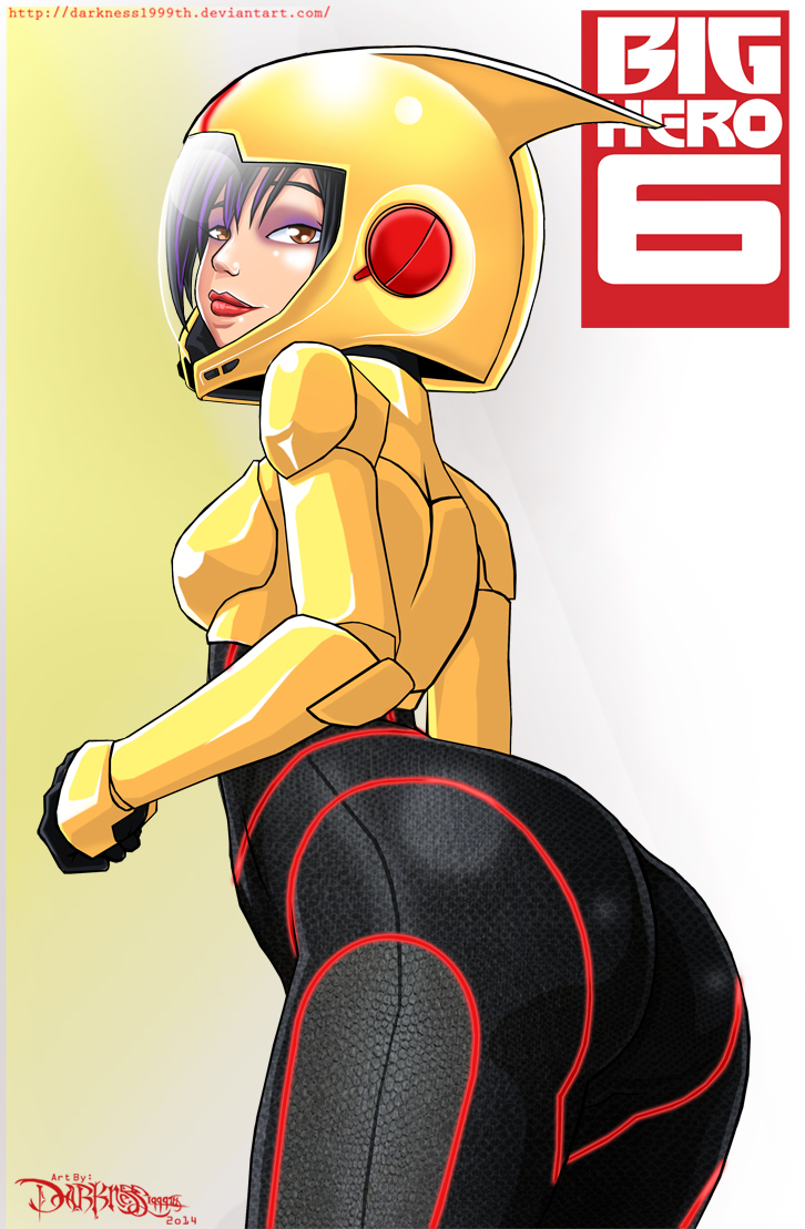 1girls 2014 arched_back armor asian ass big_hero_6 bodysuit brown_eyes darkness1999th dat_ass disney female female_only from_below gogo_tomago hair headgear helmet looking_at_viewer makeup marvel marvel_comics short_hair simple_background skin_tight smile solo two_tone_hair