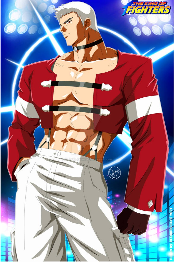 1boy br-onyx detailed_background grin hand_in_pocket king_of_fighters logo looking_at_viewer male_only muscular muscular_male red_eyes serious_look signature snk solo_male tagme white_hair yashiro_nanakase