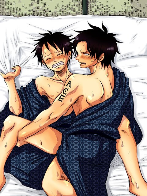 2boys, anal, black hair, blush, blushing, brother, brothers, caught, caught in the act, gay, incest, looking at viewer, looking back, looking pleasured, male, male only, monkey d luffy, multiple boys, multiple males, one piece, orgasm face, partially clothed, pleasure face, portgas d ace, sex, sweat, sweating, tattoo, yaoi