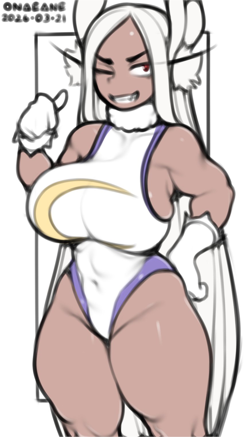 1girls, 2026, abs, animal ears, animal humanoid, artist name, belly button, biceps, big breasts, boku no hero academia, breasts, busty, cleavage, clothed, clothed female, clothing, curvaceous, curvy, dark skin, dark-skinned female, feet out of frame, female, front view, fully clothed, gloves, grin, hair, hand on hip, handwear, humanoid, kemonomimi, lagomorph, lagomorph humanoid, large breasts, legs together, leotard, long hair, looking away, mammal, mammal humanoid, miruko, muscular, muscular arms, muscular female, my hero academia, navel, navel outline, onaeane, one eye closed, parted lips, pose, posing, rabbit, rabbit ears, rabbit girl, rabbit humanoid, red eyes, rumi usagiyama, signature, simple background, skin tight, skindentation, smile, smiling, smirk, solo, standing, stomach, teeth, thick thighs, thighs, three-quarter portrait, very long hair, white background, white gloves, white hair, wide hips, wink