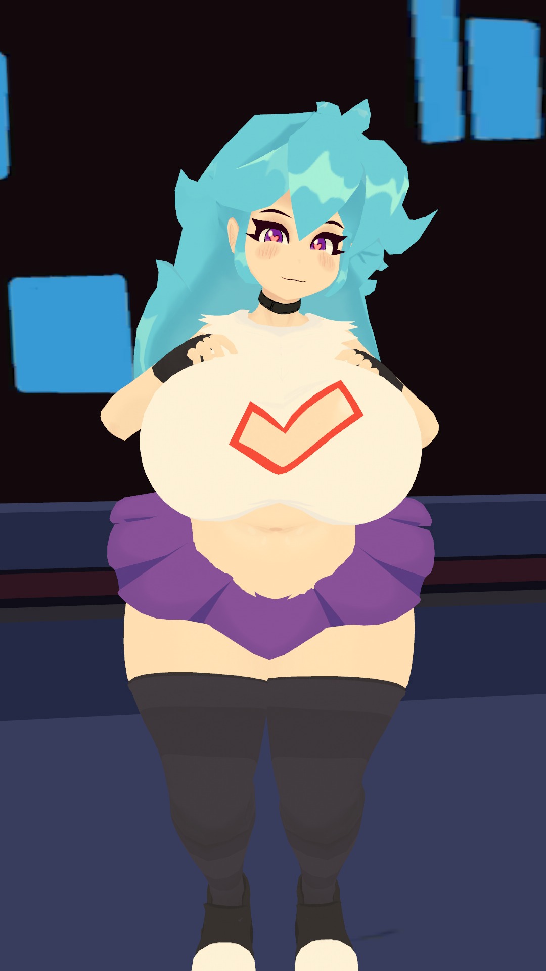3d, clothed, female, friday night funkin, friday night funkin mod, huge ass, huge breasts, huge thighs, looking at viewer, milf, skyblue, skyblue (friday night funkin), skyverse, vrchat