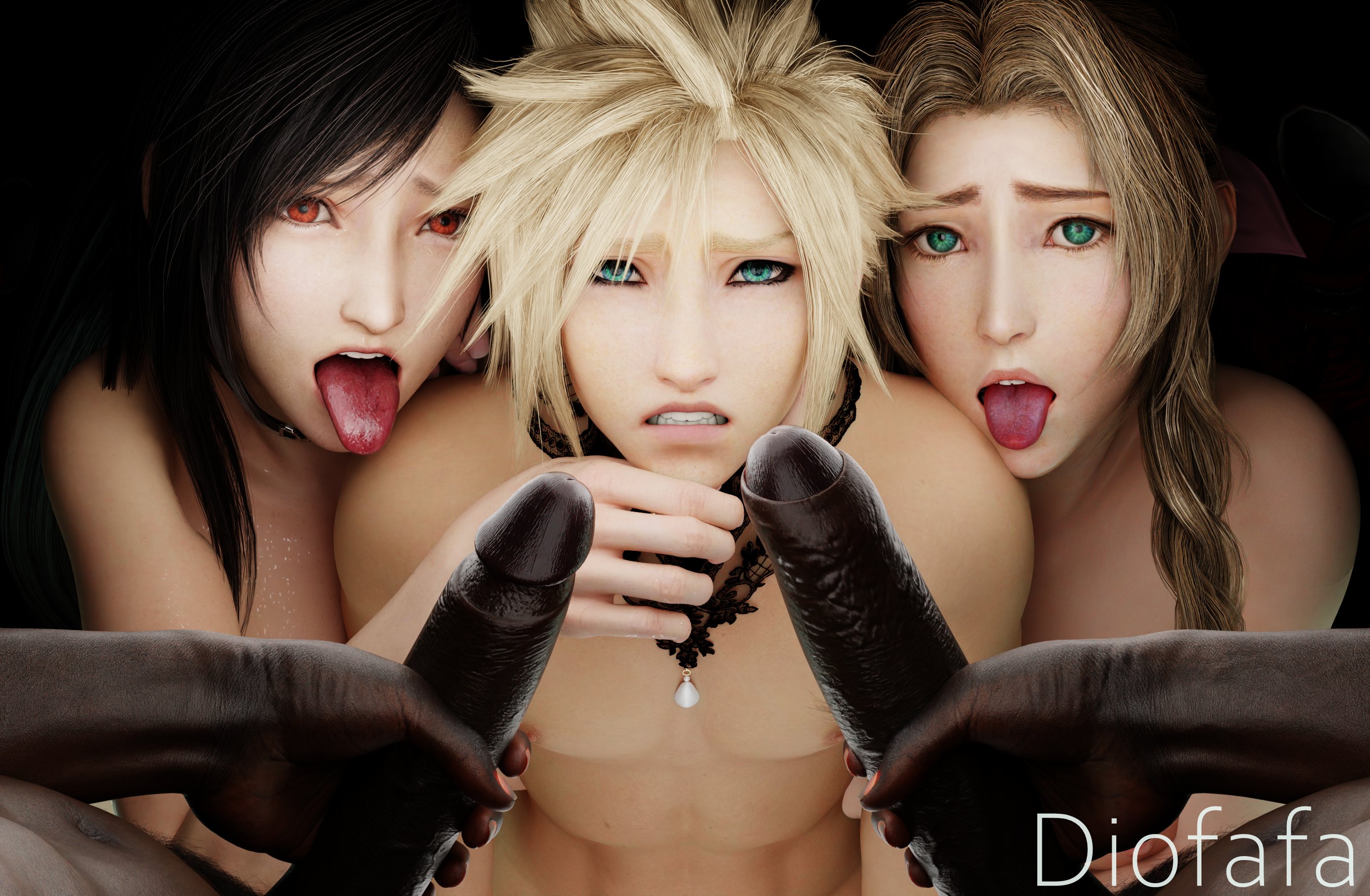2girls, 3boys, 3d, aerith gainsborough, bi-cuckold, bisexual, bisexual male, black hair, blonde hair, blonde male, blue eyes, both sexes in same situation, braid, braided hair, brown hair, choker, cloud strife, dark penis, dark skin, dark-skinned male, detailed, diofafa, eyeliner, female supporting yaoi, feminine male, final fantasy, final fantasy vii, final fantasy vii remake, foreskin, green eyes, interracial, lace, large penis, looking at viewer, malesub, nude, nude female, nude male, open mouth, pale skin, pale skinned male, pale-skinned female, pov, pubic hair, red eyes, sissy, square enix, submissive, submissive female, submissive male, tagme, tifa lockhart, tongue, tongue out, uncircumcised, watermark, yaoi