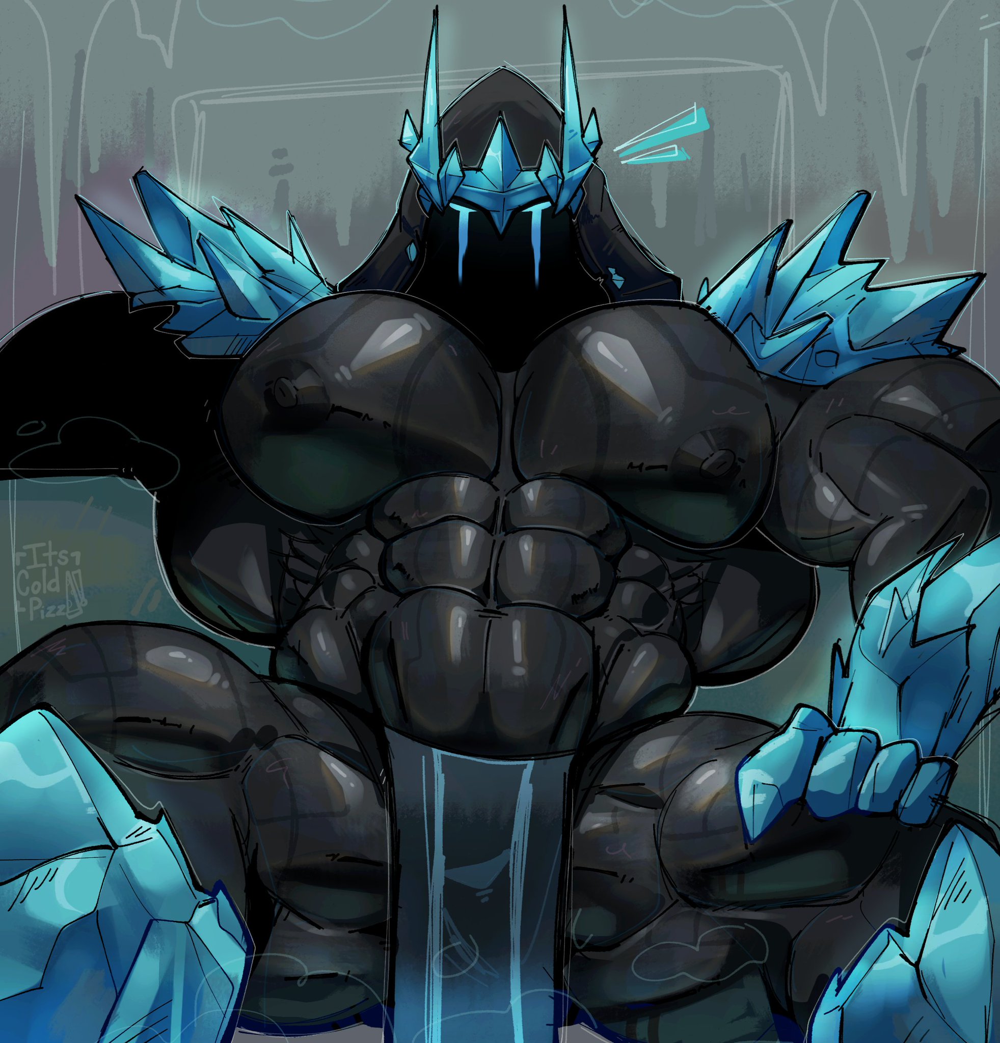 1boy, 2d, 2d (artwork), artist name, bara, bara tiddies, bara tits, big pecs, black skin, english, english text, fortnite, fortnite: battle royale, gay, glowing eyes, ice king (fortnite), its coldpizzart, loincloth, male, male only, muscular, muscular male, pecs, pectorals, solo, solo focus, solo male, text, watermark