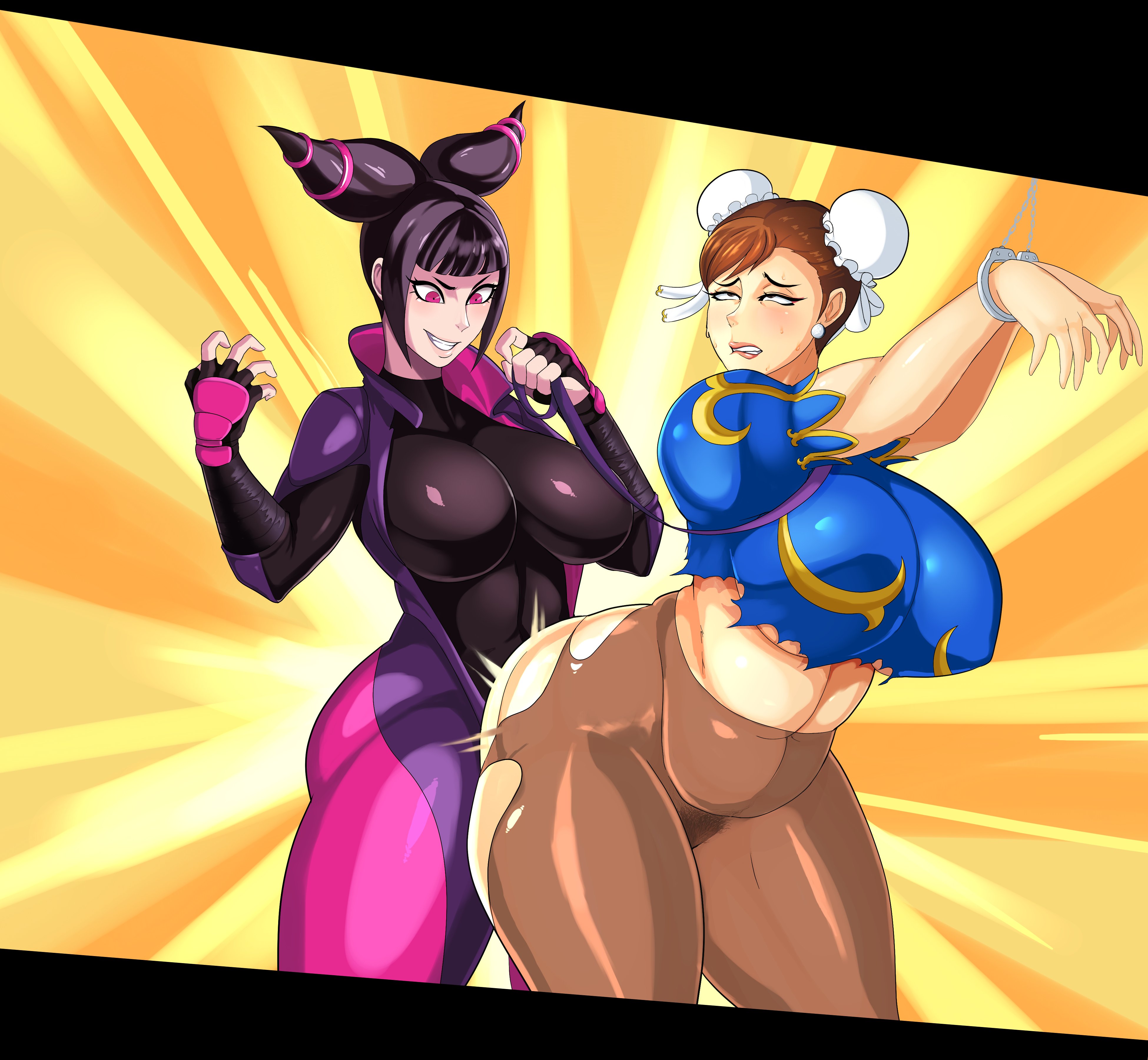 1futa, 1girls, abs, absurdres, ahe gao, ass, big breasts, breasts, chubby, chun-li, cleavage, clothed, dickgirl, female, from behind, futa on female, futanari, highres, holding, human, implied futa, intersex, juri han, large ass, large breasts, leash, muscular, muscular female, pantyhose, street fighter, street fighter v, thick thighs, torn clothes, wide hips, xiceowl