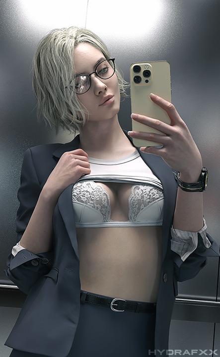 1girls, 3d, 3d (artwork), 3d model, biohazard, blonde female, blonde hair, blonde hair female, blonde-haired female, bra, breasts, capcom, curly hair, elevator, fbi, fbi agent, fbi badge, female, female only, fully clothed, glasses, grace ashcroft, grace ashcroft (fbi outfit), grace ashcroft (julia pratt), hydrafxx, id card, looking at phone, looking at viewer, office, office clothing, office lady, panties, phone, resident evil, resident evil 9: requiem, shirt lift, shirt up, short hair, skirt, skirt lift, skirt up, smartphone, solo female, tagme, teasing, teasing viewer, wavy hair, white bra, white panties
