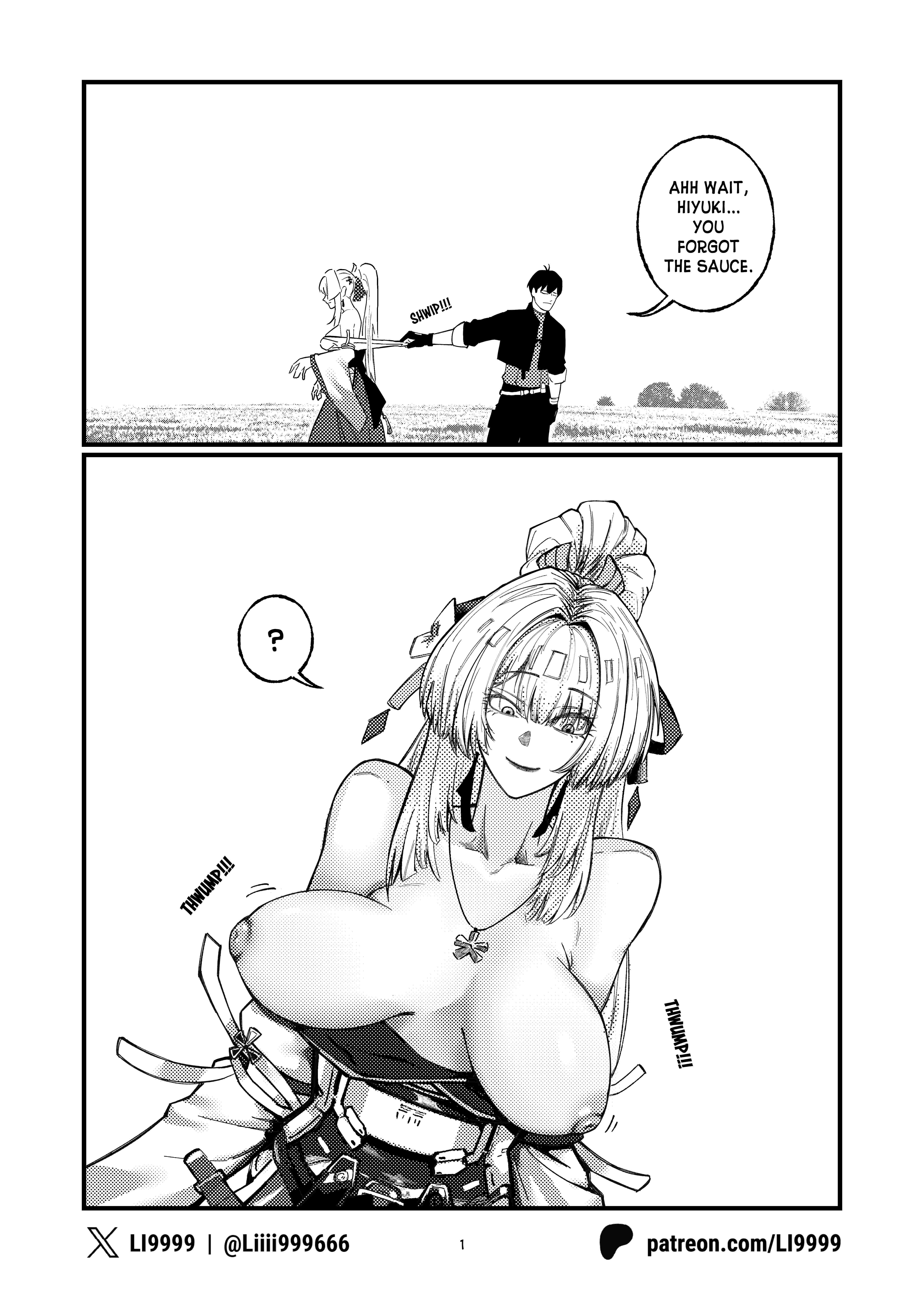 1boy, 1girls, big breasts, blonde hair, breasts, breasts out, english text, exposed breasts, female, grayscale, hiyuki, hiyuki (wuthering waves), large breasts, li9999, long hair, male rover (wuthering waves), miko, monochrome, nipples, rover (wuthering waves), suddenly naked, wardrobe malfunction, wuthering waves