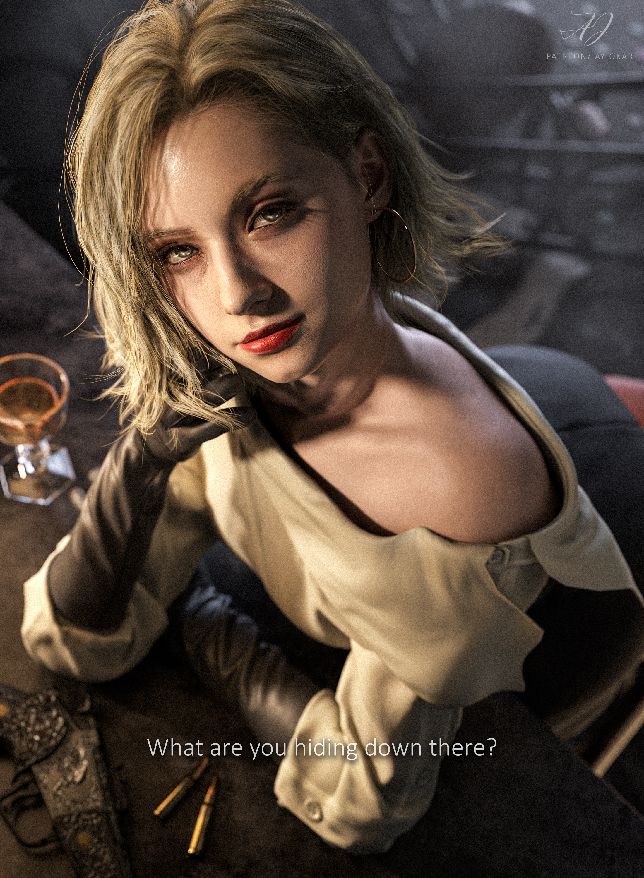 1girls, 3d, 3d (artwork), ass, ayjokar, biohazard, black gloves, blonde female, blonde hair, blonde hair female, blonde-haired female, blue eyes, capcom, cigar, cigarette, curly hair, earrings, elegant, elegant dress, english commentary, english subtitles, english text, exposed shoulders, female, female only, film noir, gloves, grace ashcroft, grace ashcroft (julia pratt), grace ashcroft (noir costume), hi res, high resolution, highres, jokar, leather gloves, lipstick, long skirt, looking at viewer, patreon, patreon username, resident evil, resident evil 9: requiem, short hair, sitting, sitting down, skirt, tagme, text, wavy hair, weapon