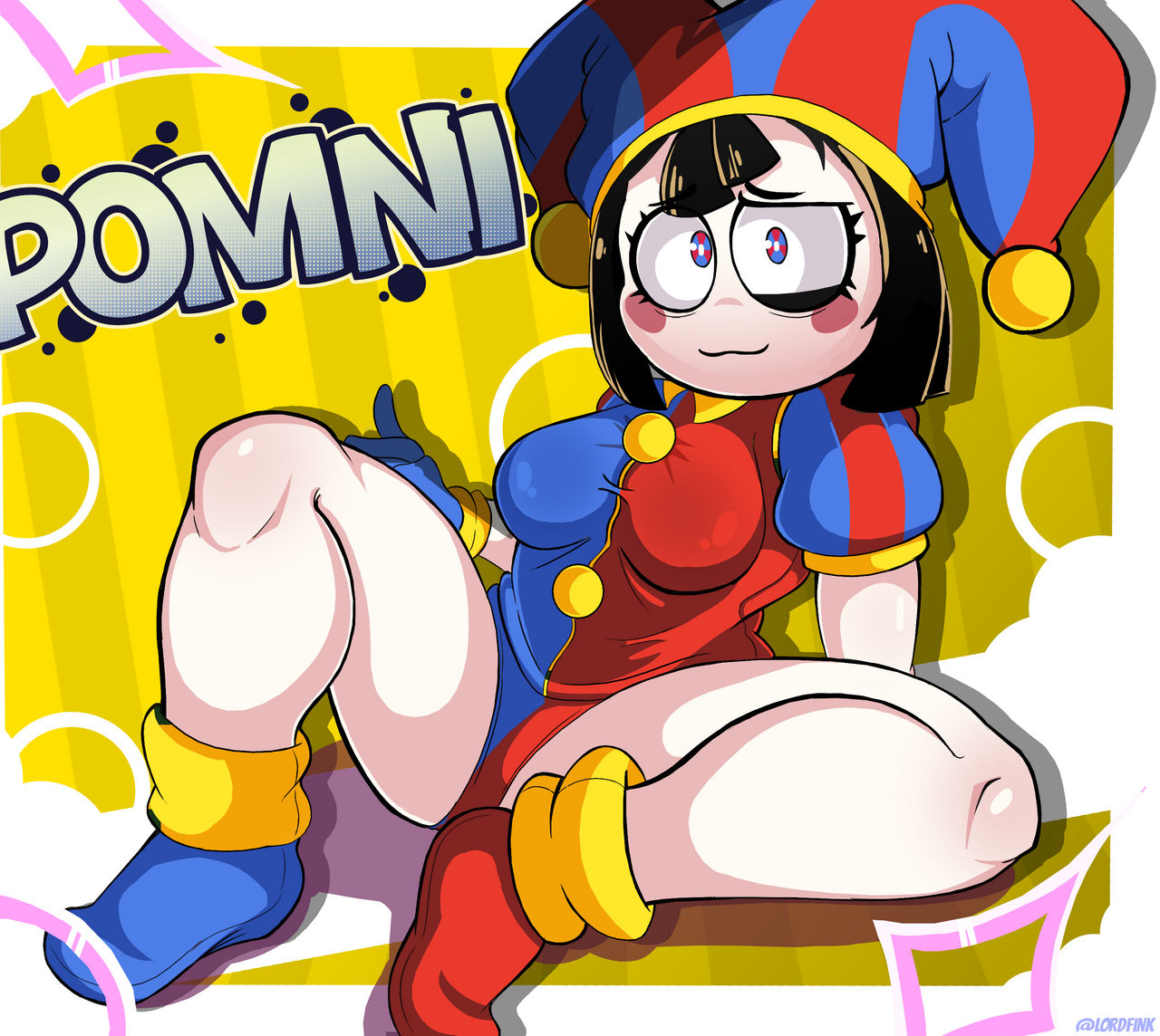 1girls, breasts, embarrassed, female, female focus, female only, glitch productions, legs, light skin, light-skinned female, looking at viewer, lordfink, pomni, pomni (the amazing digital circus), shoes, the amazing digital circus, thighs