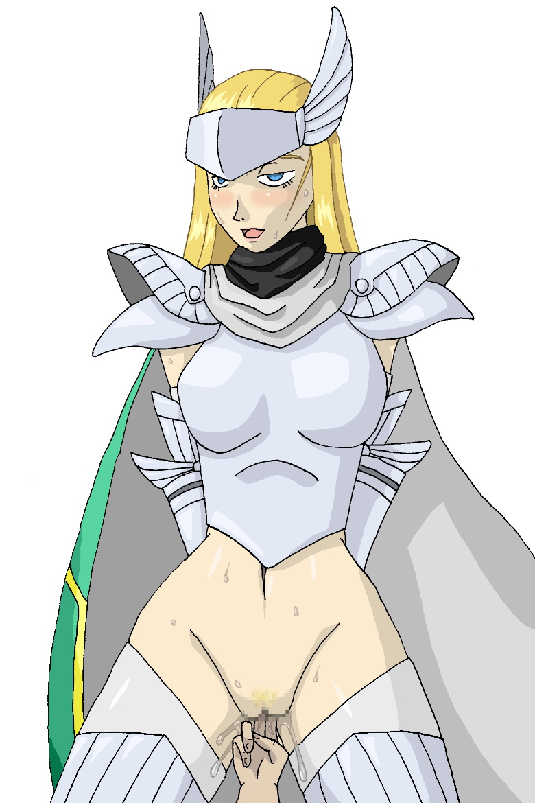 1girls arianrhod armor blonde_hair blue_eyes blush blushing bottomless cape demon_girl female fingering gloves hair headgear helmet navel open_mouth pov scarf shin_megami_tensei shin_megami_tensei_ii