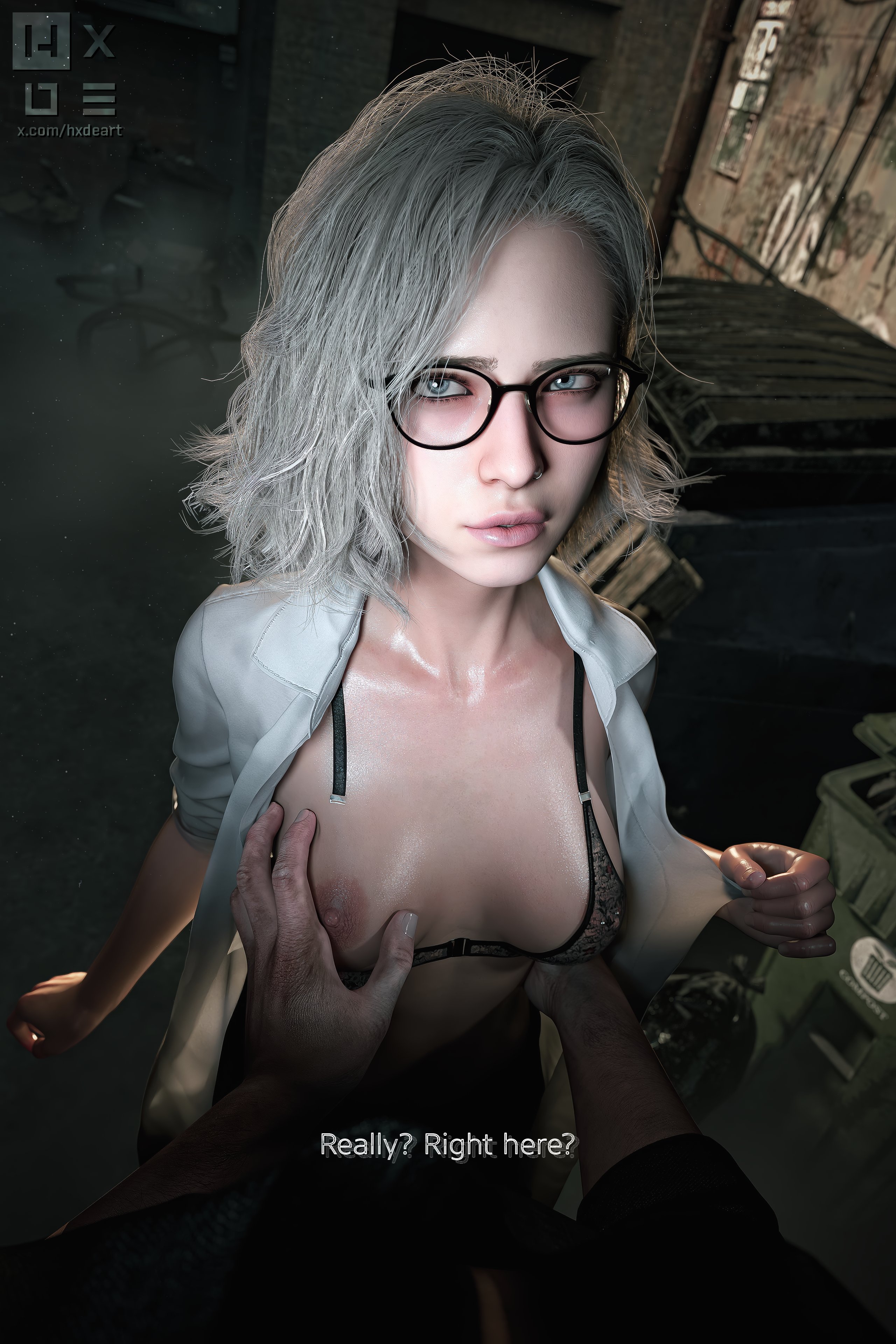 1boy, 1girls, 3d, 3d (artwork), 3d model, 3d render, blue eyes, blush, blushing at viewer, bra, breast grab, breast slip, breasts, glasses, grace ashcroft, grace ashcroft (julia pratt), hxde, inminent sex, light-skinned female, lingerie bra, looking at another, looking at partner, looking at viewer, nipples, nipples visible through clothing, platinum blonde hair, pov, pov eye contact, render, resident evil, resident evil 9: requiem, shiny skin, small breasts, tagme
