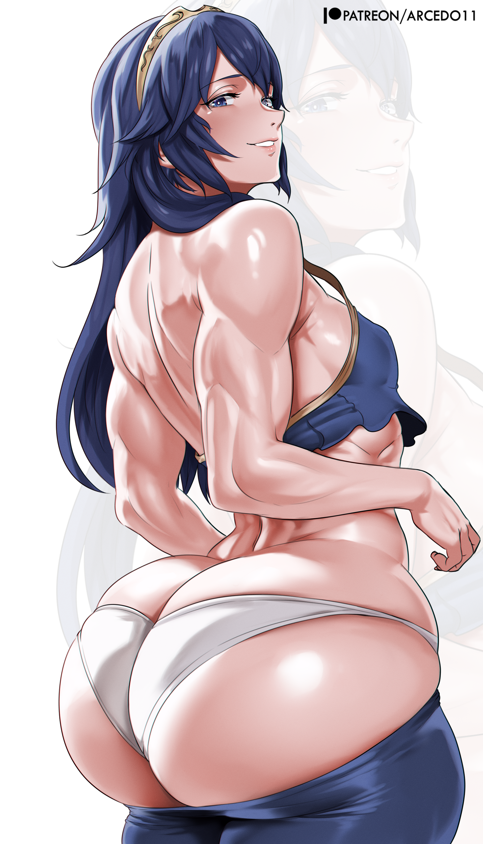 1girls, arcedo, ass, big ass, blue hair, bottom heavy, breasts, bubble butt, crop top, fat ass, female, female only, fire emblem, huge ass, large ass, looking at viewer, looking back, lucina (fire emblem), massive ass, muscular female, muscular male, no bra, panties, pants, pants down, png, small breasts, solo, thick ass, thick thighs, thunder thighs, toned, toned female, wide hips