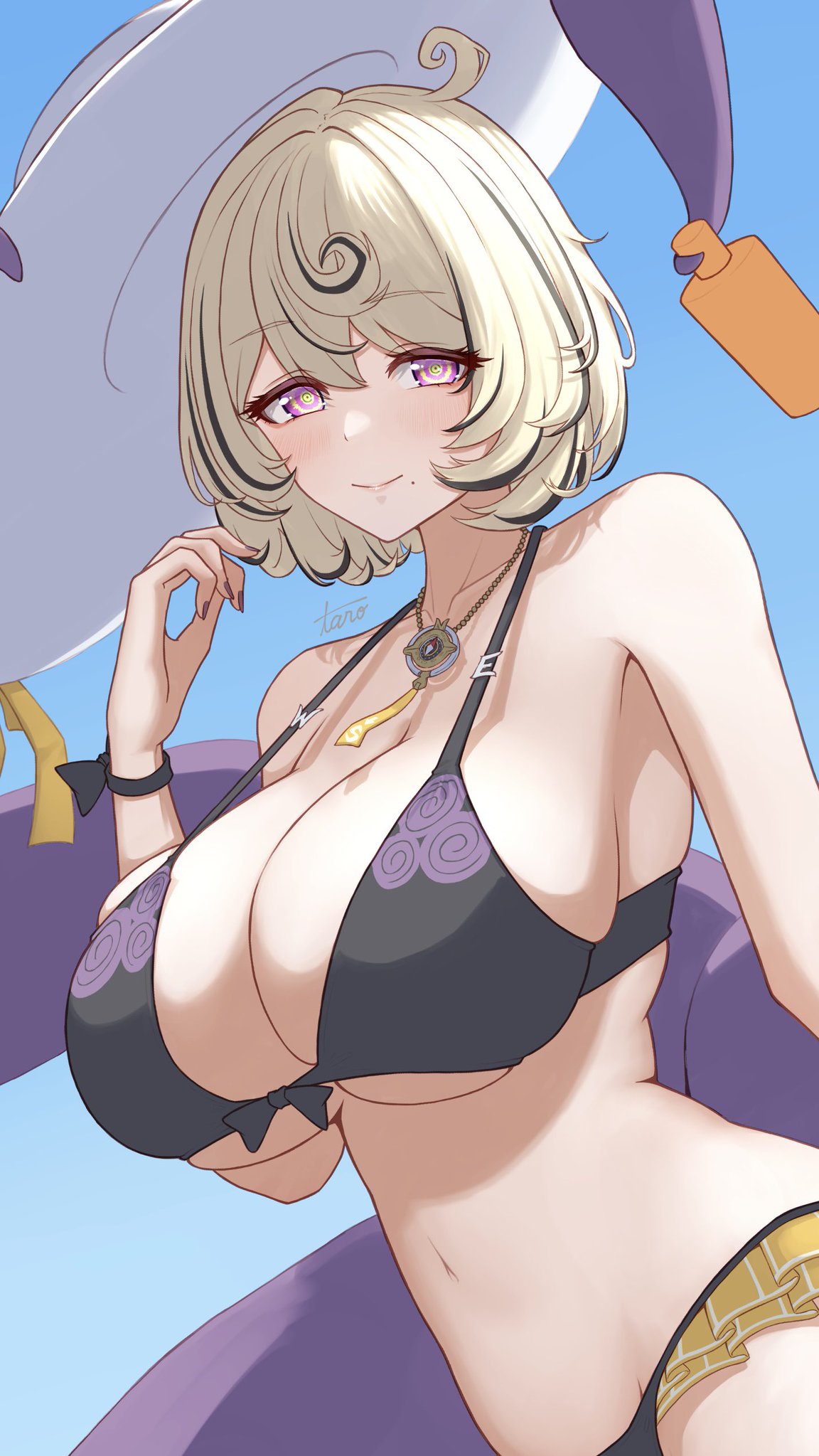 1girls, 2020s, 2026, 2d, 2d (artwork), 2d artwork, artist logo, artist name, beauty mark, belly, belly button, big breasts, big titties, bikini, bikini bottom, bikini top, blonde female, blonde hair, blonde hair female, blonde-haired female, blush, blush lines, blushing at viewer, breasts, cleavage, cleavage overflow, clothed, clothed female, clothes, colored nails, cropped legs, curly hair, day, daytime, digital drawing (artwork), digital media (artwork), eyes, eyes open, female, female focus, female only, fingernails, fingers, hair, half naked, half nude, half-dressed, hat, hoyoverse, humanoid, light skin, light-skinned female, lips, looking at viewer, mihoyo, mihoyo technology (shanghai) co. ltd., multicolored hair, nail polish, nails, nails painted, navel, necklace, no dialogue, nude, nude female, octopus, octopus girl, painted fingernails, painted nails, partially clothed, partially clothed female, partially nude, partially nude female, peach taro51, pink eyes, revealing clothes, revealing clothing, revealing outfit, sexually suggestive, short hair, short hair female, simple background, slim, slim female, slim girl, smile, smiling, smiling at viewer, spiral eyes, suggestive, suggestive look, tendrils, tentacle, text, thiren, two-tone hair, underboob, undressed, watermark, yellow hair, yidhari murphy, zenless zone zero