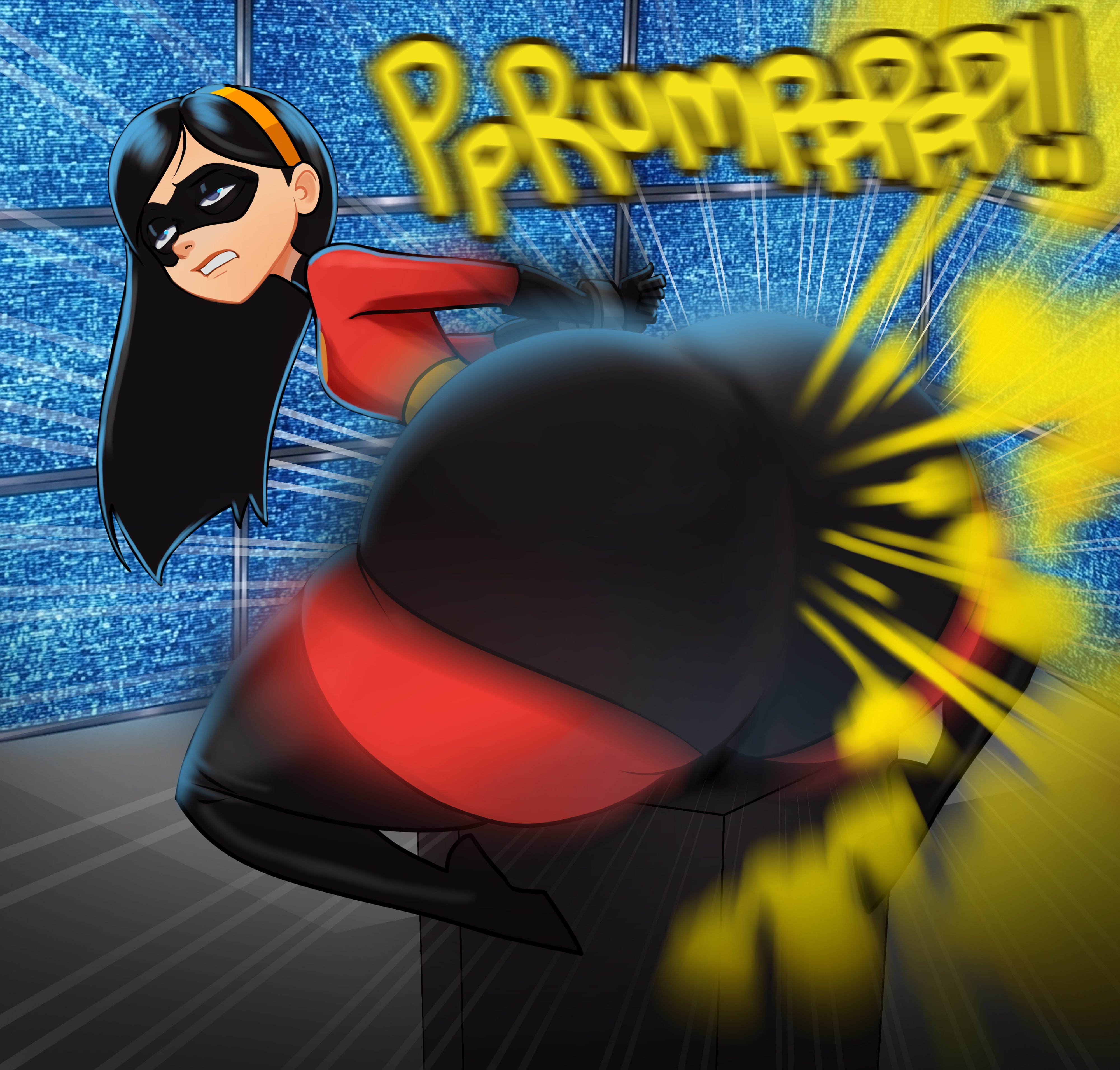 !!!, 1girls, arms behind back, arms bound, arms bound behind back, ass, ass bigger than head, ass expansion, ass focus, ass growth, ass growth (enlargement), big ass, black hair, blue eyes, bodysuit, bondage, boots, bottom heavy, bound, bound arms, breasts, costume, dialogue, disney, domino mask, english, english text, fart, fart cloud, fart fetish, farting, female, female only, femdom, femsub, gloves, hairband, huge ass, large ass, lolotron, mask, masked, masked female, massive ass, motion lines, onomatopoeia, pixar, solo, solo female, superhero, superhero costume, superheroine, text, the incredibles, thick, thick thighs, thighs, unseen character, violet parr