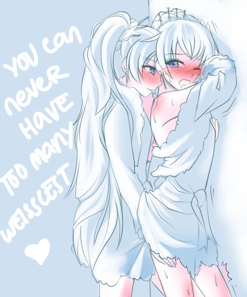 2d, 2girls, artist request, blue eyes, blush, caressing partner, clothed, clothed female, color, english text, female, heart, ponytail, rooster teeth, rwby, selfcest, sweat, very long hair, weiss schnee, white hair, yuri