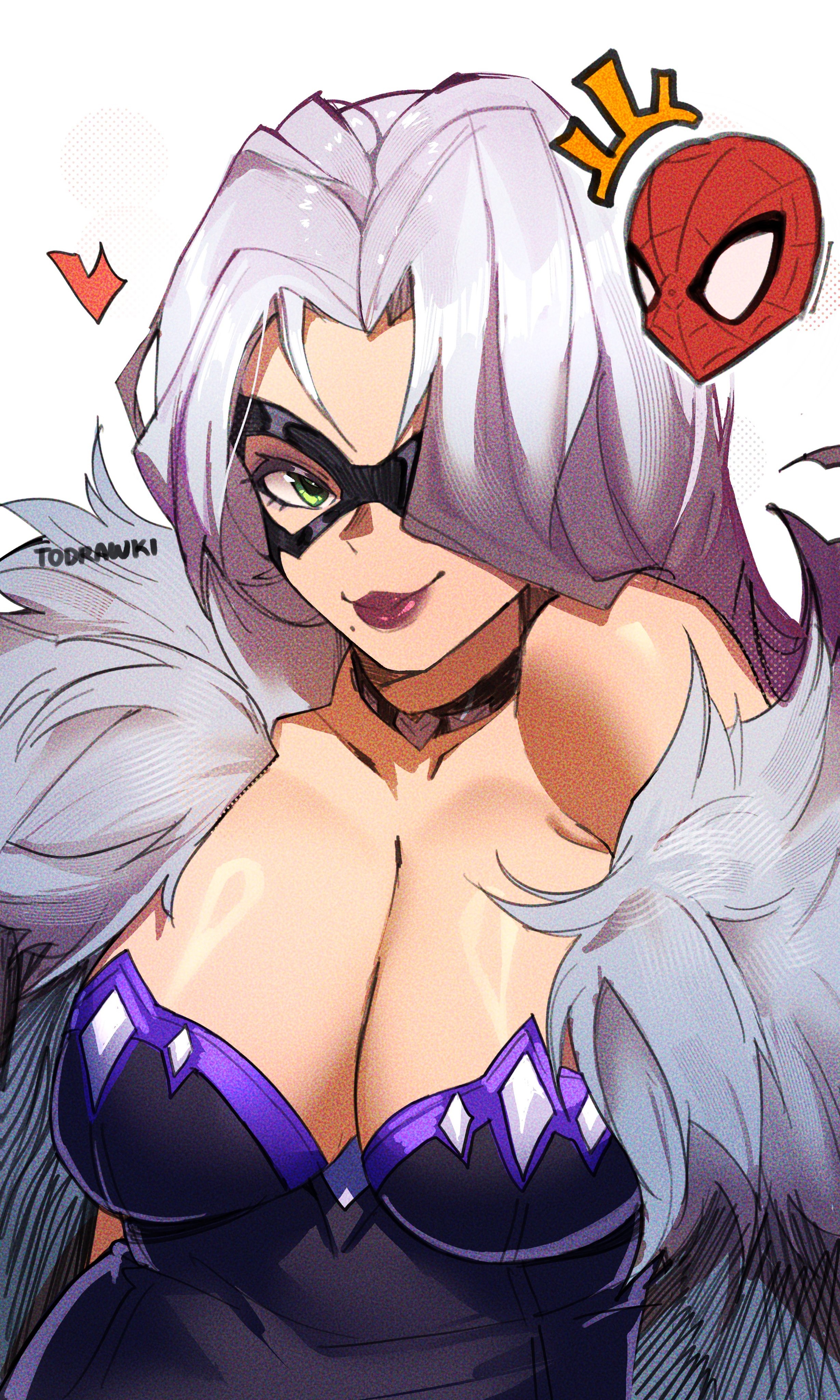 1boy, 1girls, 2026, 2d, alluring, big breasts, black cat (marvel rivals), black cat (marvel), bodysuit, breasts, bursting breasts, bust portrait, choker, cleavage, collar, color, colored, domino mask, enticing, eyemask, felicia hardy, female, green eyes, huge breasts, juicy lips, large breasts, light skin, light-skinned female, lipstick, looking at partner, looking at viewer, male, marvel, marvel comics, marvel rivals, mask, masked, masked female, massive breasts, netease games, peter parker, pinup, seducing, seductive, seductive look, shiny, shiny breasts, shiny skin, skin tight, smile, smiling, smiling at partner, smiling at viewer, solo, spider-man, spider-man (series), superheroine, teasing, teasing viewer, temptation, tempting, tempting viewer, thick breasts, thick lips, tight clothing, todrawki, voluptuous, voluptuous female, white background, white fur, white hair