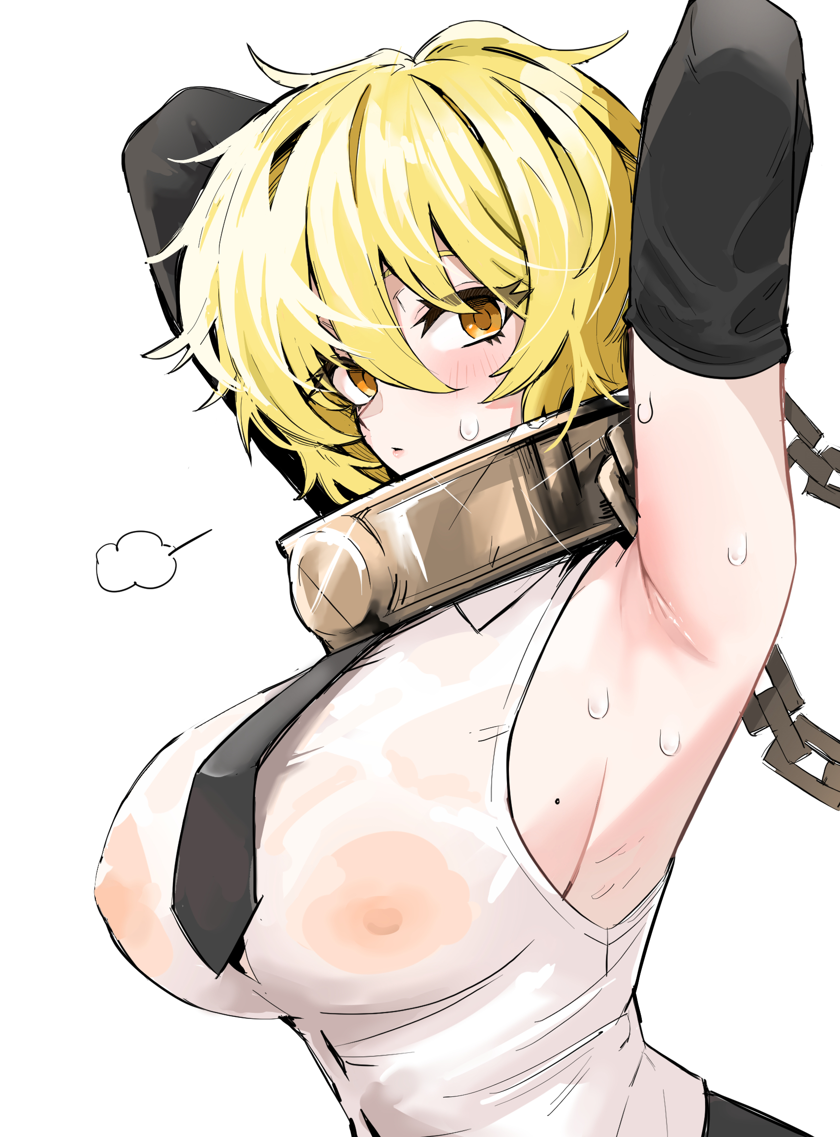 1girls, armpit fetish, armpits, arms up, black necktie, blonde hair, blush, breasts, chained, chained wrists, chains, collar, collared shirt, don quixote (limbus company), handcuffs, index (identity) (project moon), index don quixote, large breasts, limbus company, looking at viewer, necktie, nipples, nipples visible through clothing, project moon, shirt, skirt, solo, sweat, the index (project moon), white background, white shirt, yellow eyes