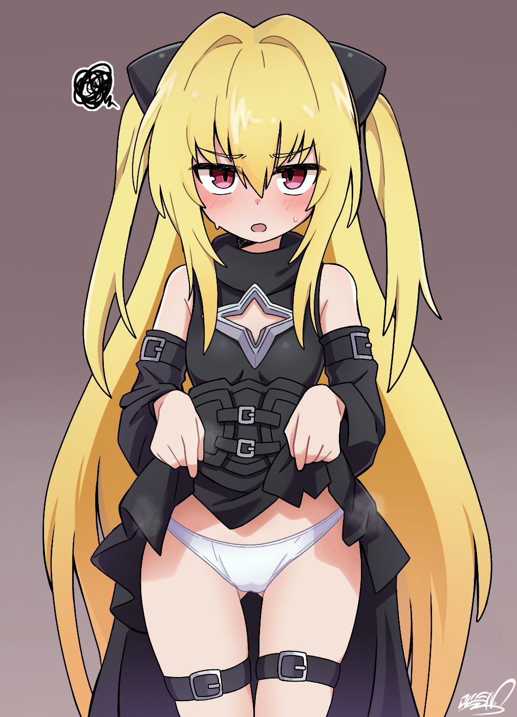 1girls, angry, annoyed, ass visible through thighs, bare thighs, black dress, black sleeves, blonde hair, blush, clothes lift, detached sleeves, dress, dress lift, dress lifted by self, embarrassed, female, female focus, female only, flashing, hair ornament, highres, konjiki no yami, koonowen, lifted by self, lifting own clothes, long hair, looking at viewer, open mouth, panties, simple background, skirt lift, solo, squiggle, standing, thigh gap, thigh strap, thighs, to love-ru, underwear, upskirt, very long hair, white panties