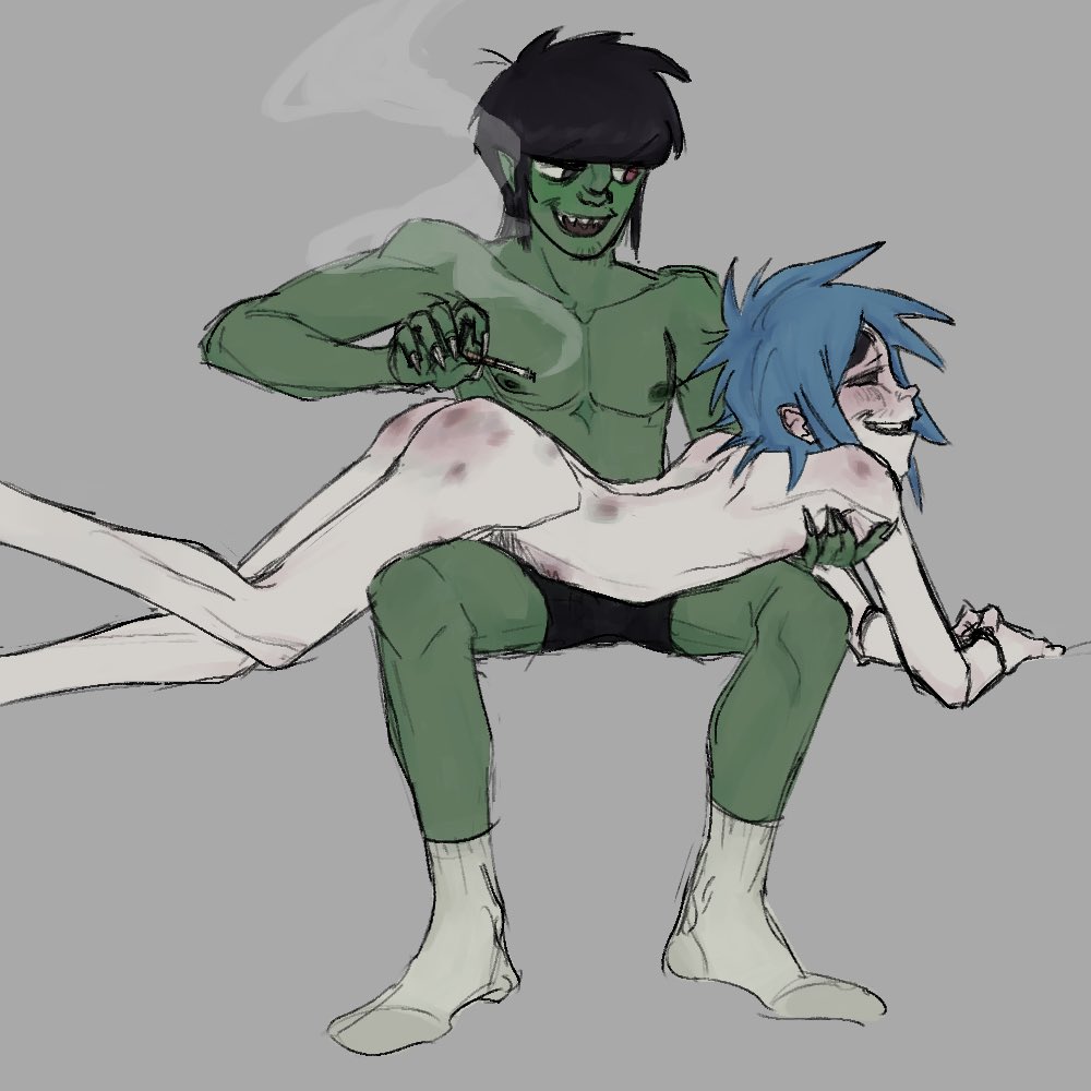 2d (gorillaz), black hair, blue hair, bruise, bruised, bruised ass, cigarette, clownsobs, completely naked, completely nude, completely nude male, gorillaz, green skin, green skinned male, heterochromia, hollow eyes, light skin, light-skinned male, male, male only, male/male, murdoc niccals, pleasure face, pleasured, skinny, skinny male, smiling, smiling male, socks, yaoi